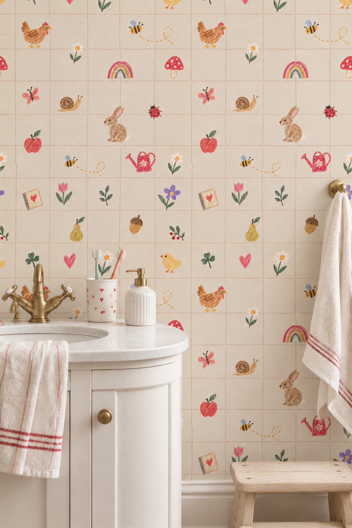 Crayon Garden Animals Wallpaper Checkered Grid On Cream