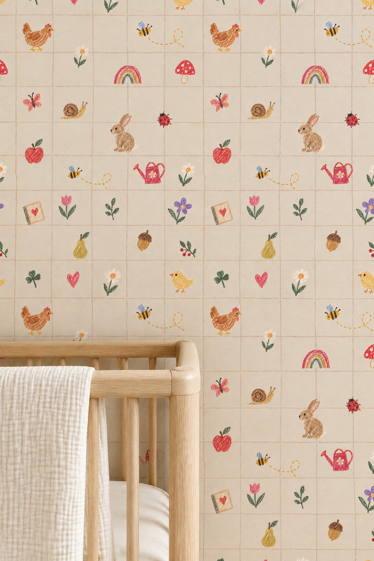 Crayon Garden Animals Wallpaper Checkered Grid On Cream