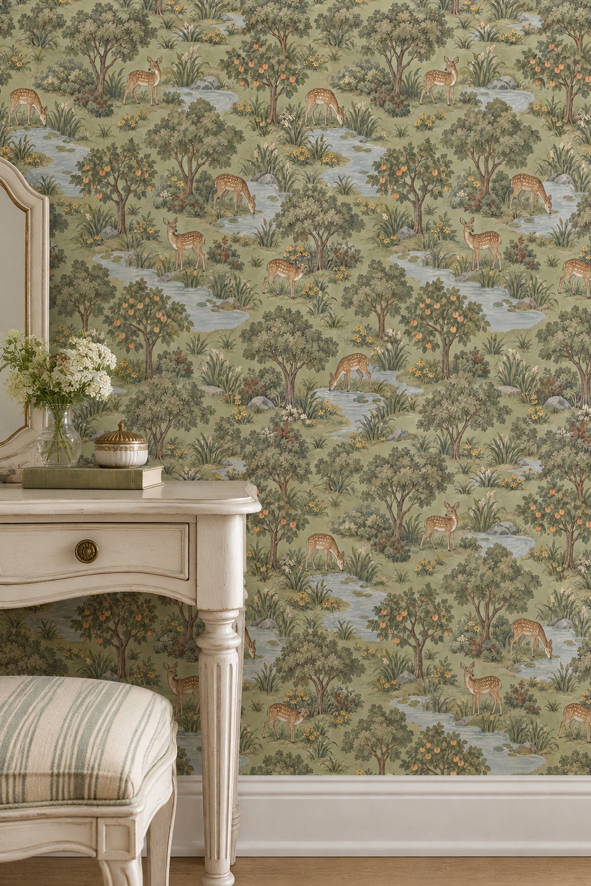 Spotted Deer Stream Wallpaper Vintage Inspired Green Scenic Landscape