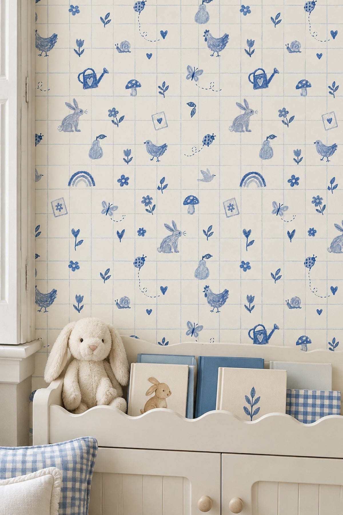 Blue Doodle Garden Animals Wallpaper Checkered Grid On Cream