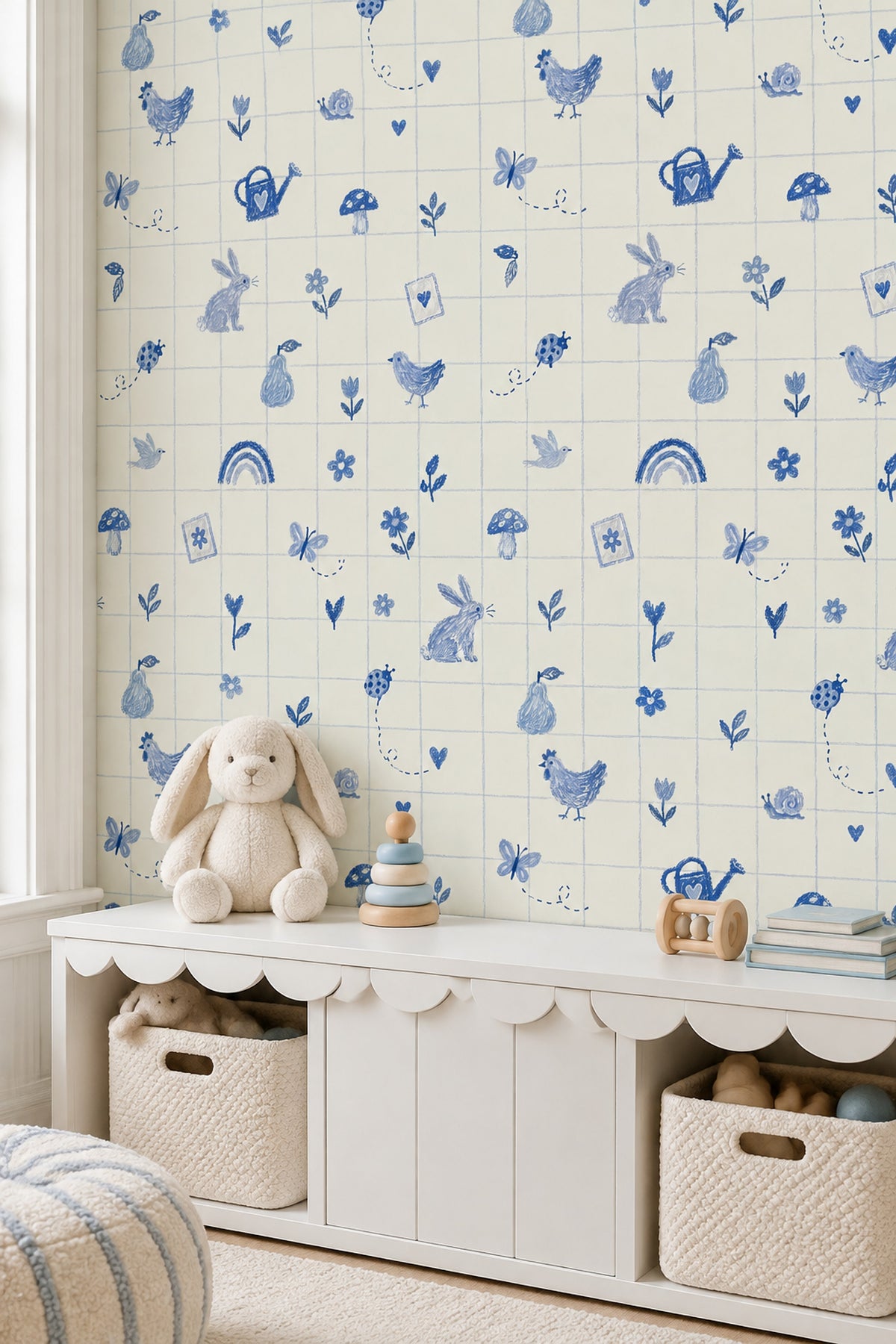 Blue Doodle Garden Animals Wallpaper Checkered Grid On Cream