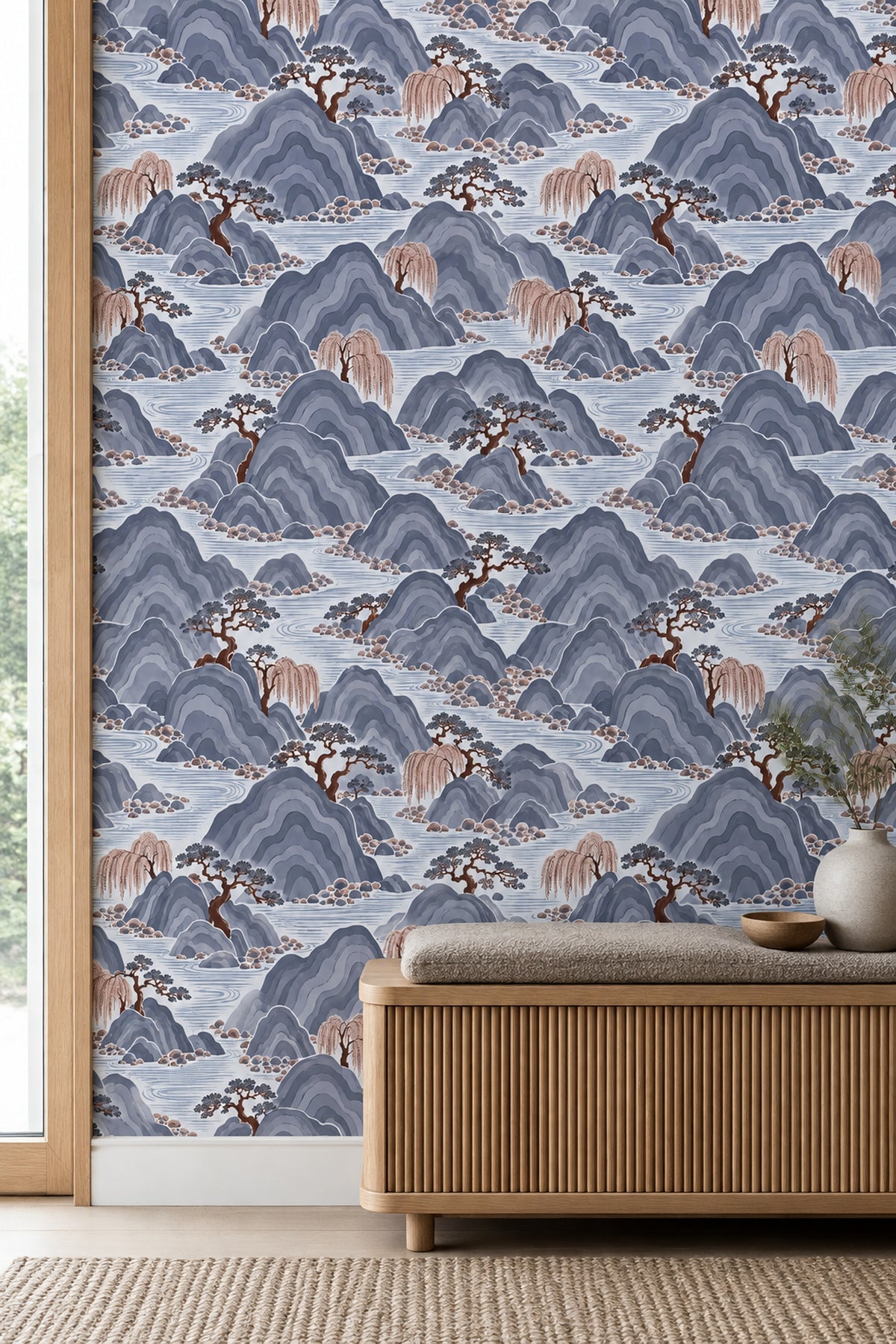 East Asian Mountains Wallpaper Gray Blue Chinoiserie Landscape