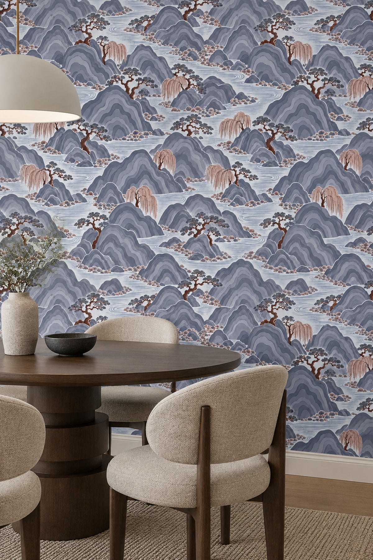 East Asian Mountains Wallpaper Gray Blue Chinoiserie Landscape