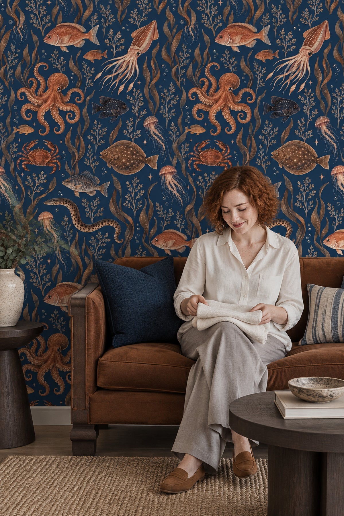 Octopus And Fish Wallpaper Vintage Inspired Ocean Pattern On Dark Navy