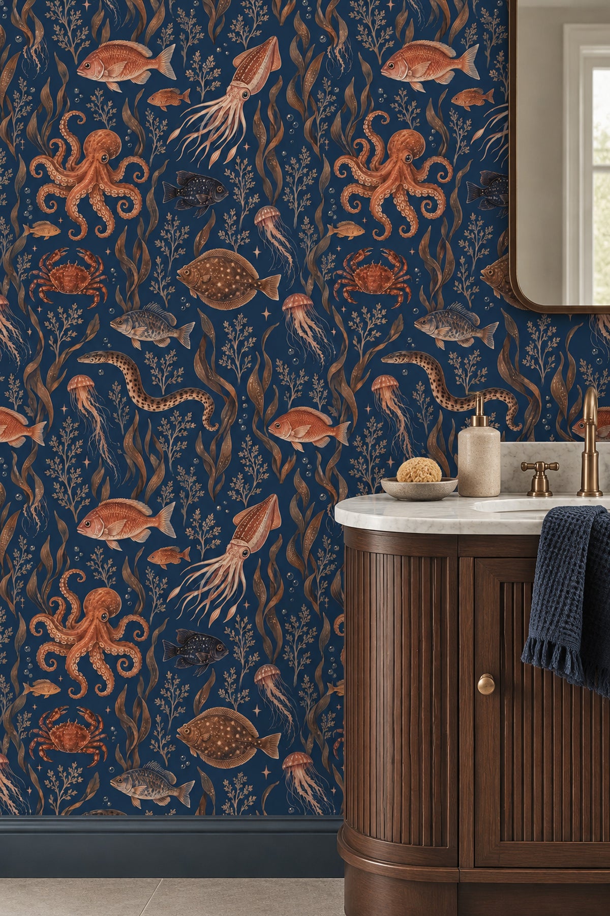 Octopus And Fish Wallpaper Vintage Inspired Ocean Pattern On Dark Navy