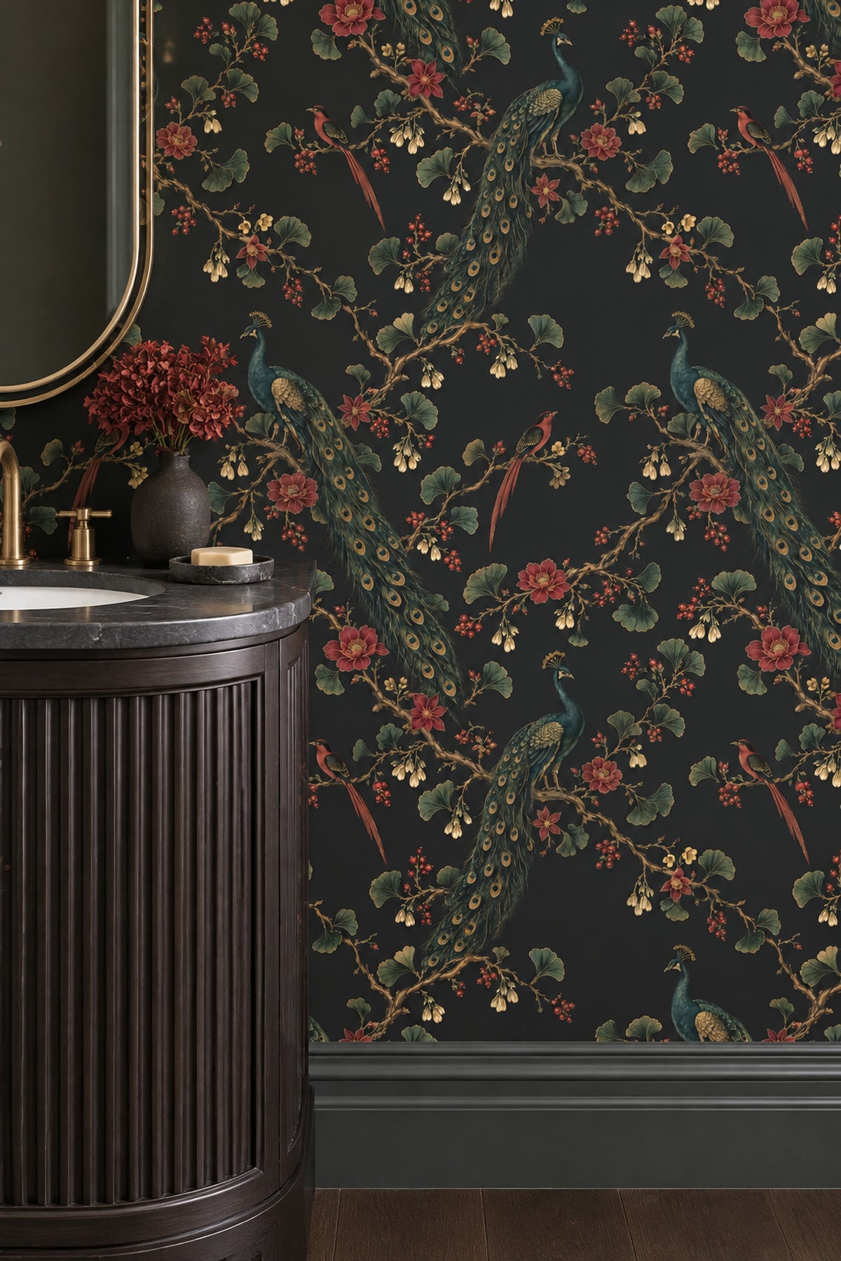 Peacock And Exotic Birds Wallpaper Dark Chinoiserie Floral