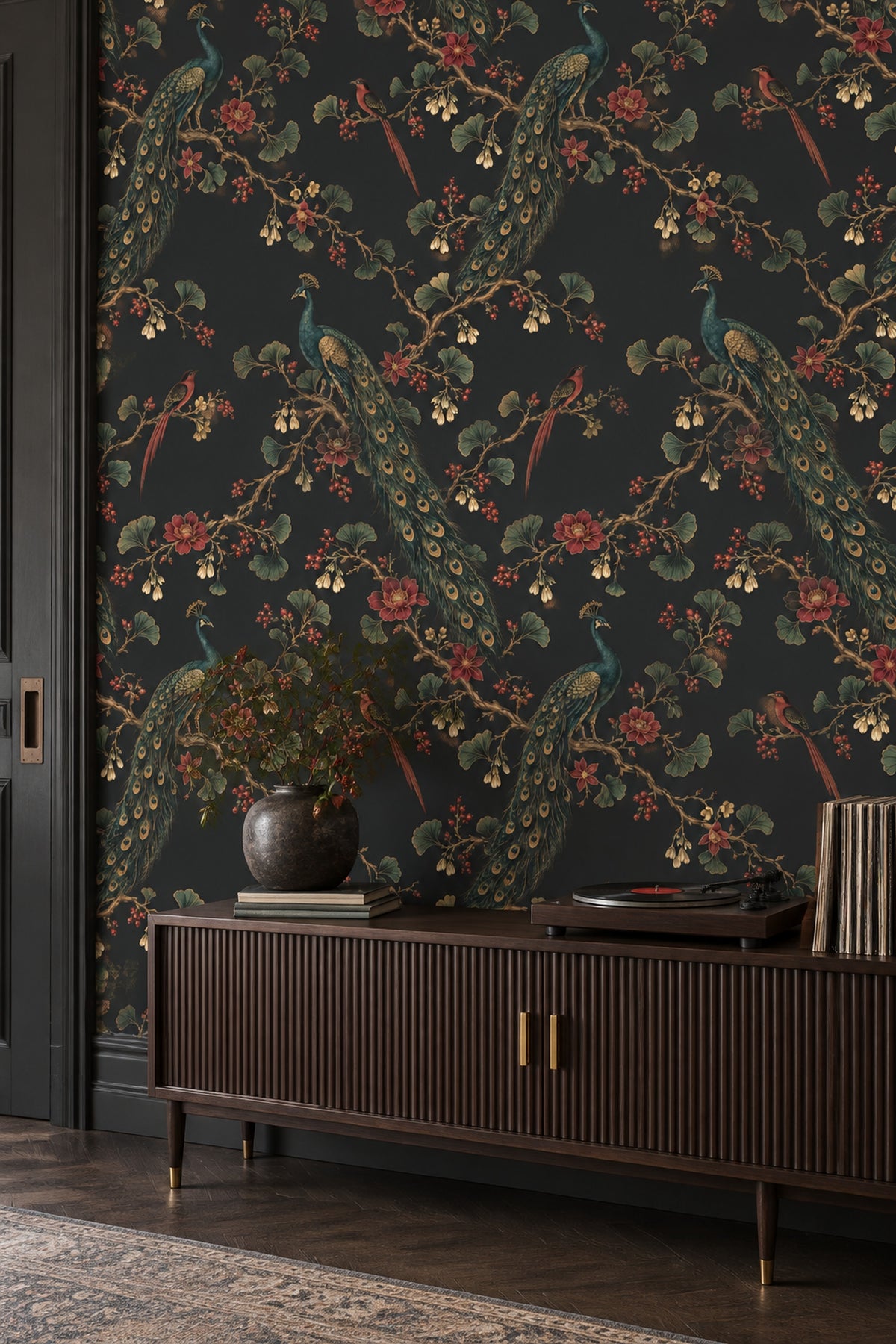 Peacock And Exotic Birds Wallpaper Dark Chinoiserie Floral