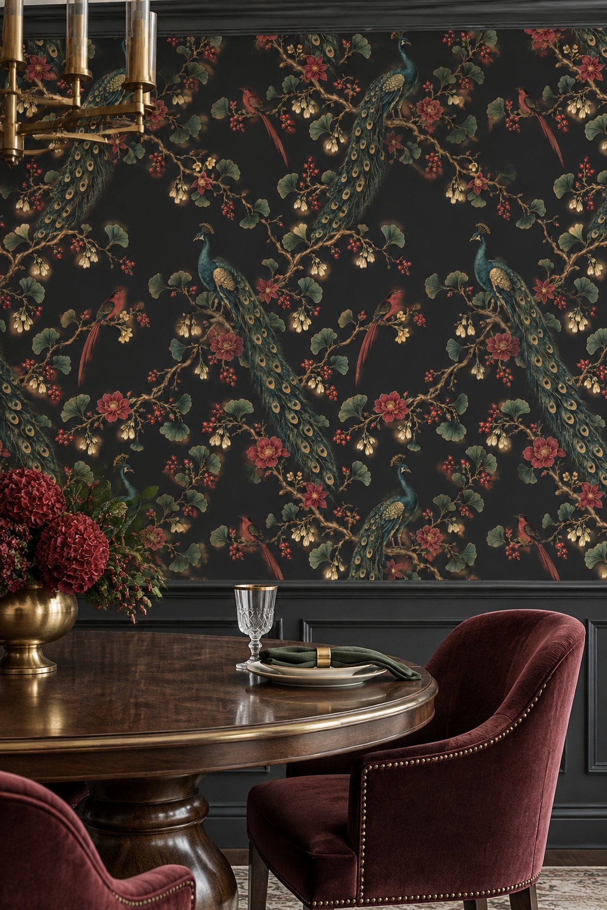 Peacock And Exotic Birds Wallpaper Dark Chinoiserie Floral