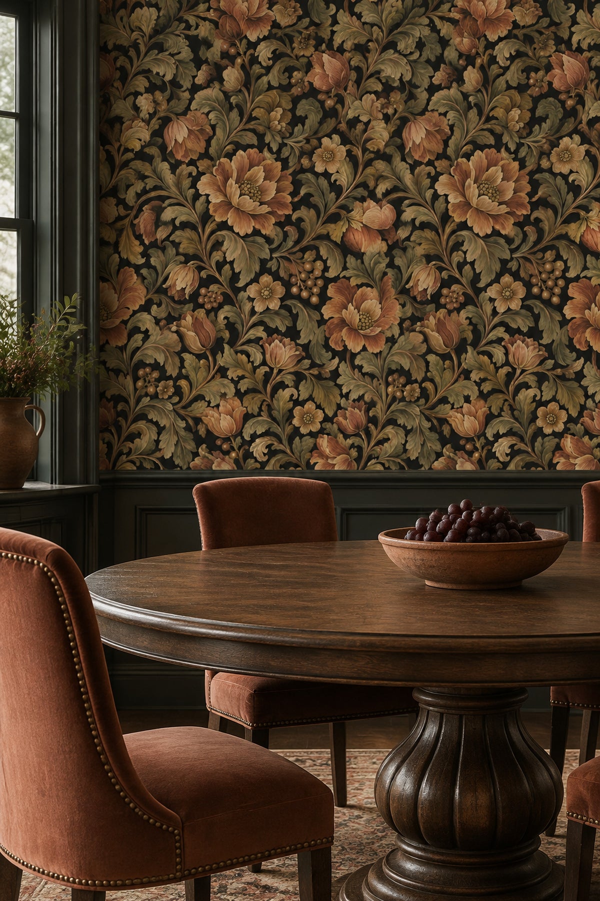 Large Botanical Flowers Wallpaper Dark Floral On Charcoal