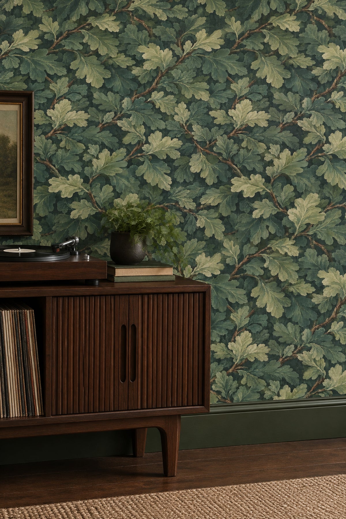 Oak Leaves Wallpaper Forest Green Branch Pattern