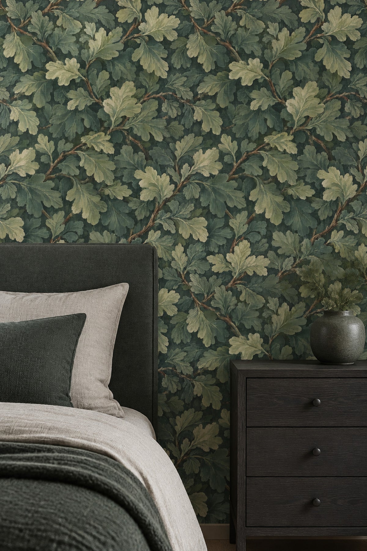 Oak Leaves Wallpaper Forest Green Branch Pattern