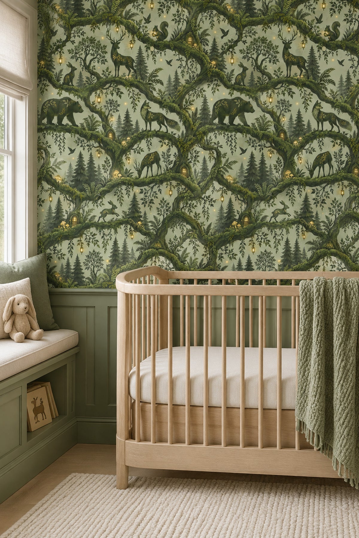 Woodland Animals Wallpaper Enchanted Forest Green Lantern Scene