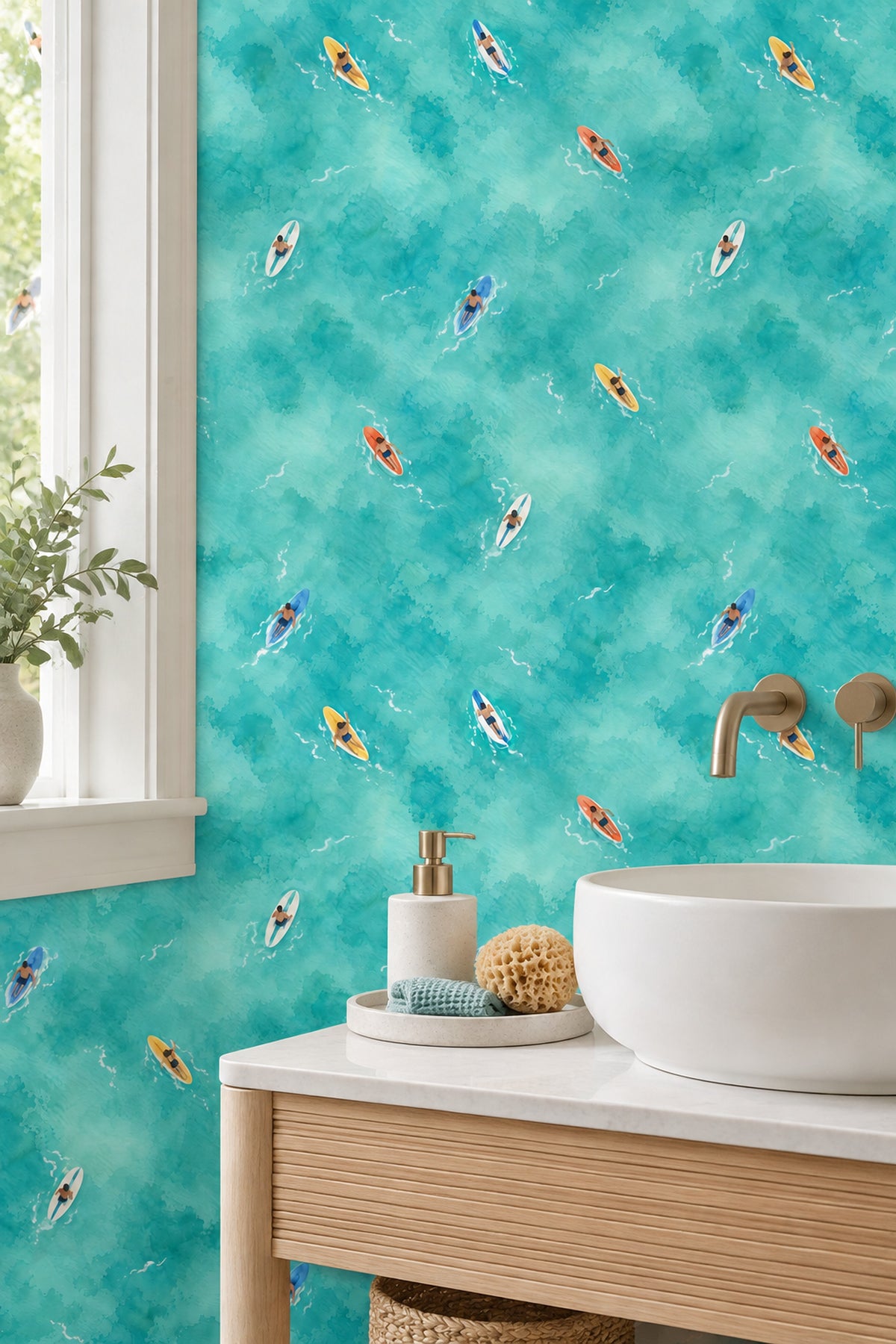 Aerial Surfers Wallpaper Watercolor Teal Ocean