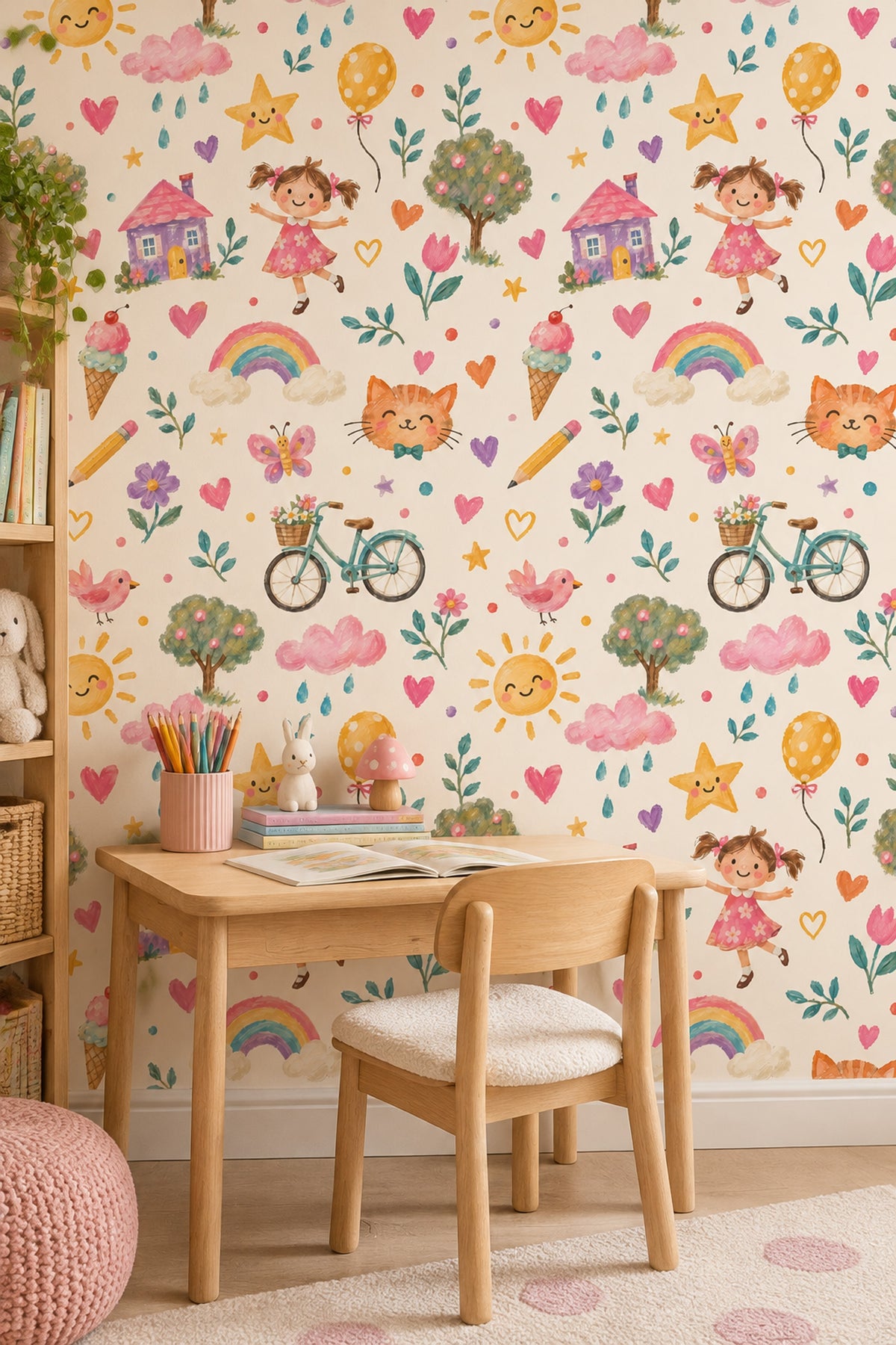 Smiling Sun And Rainbow Wallpaper Whimsical Hand Painted Nursery Pattern
