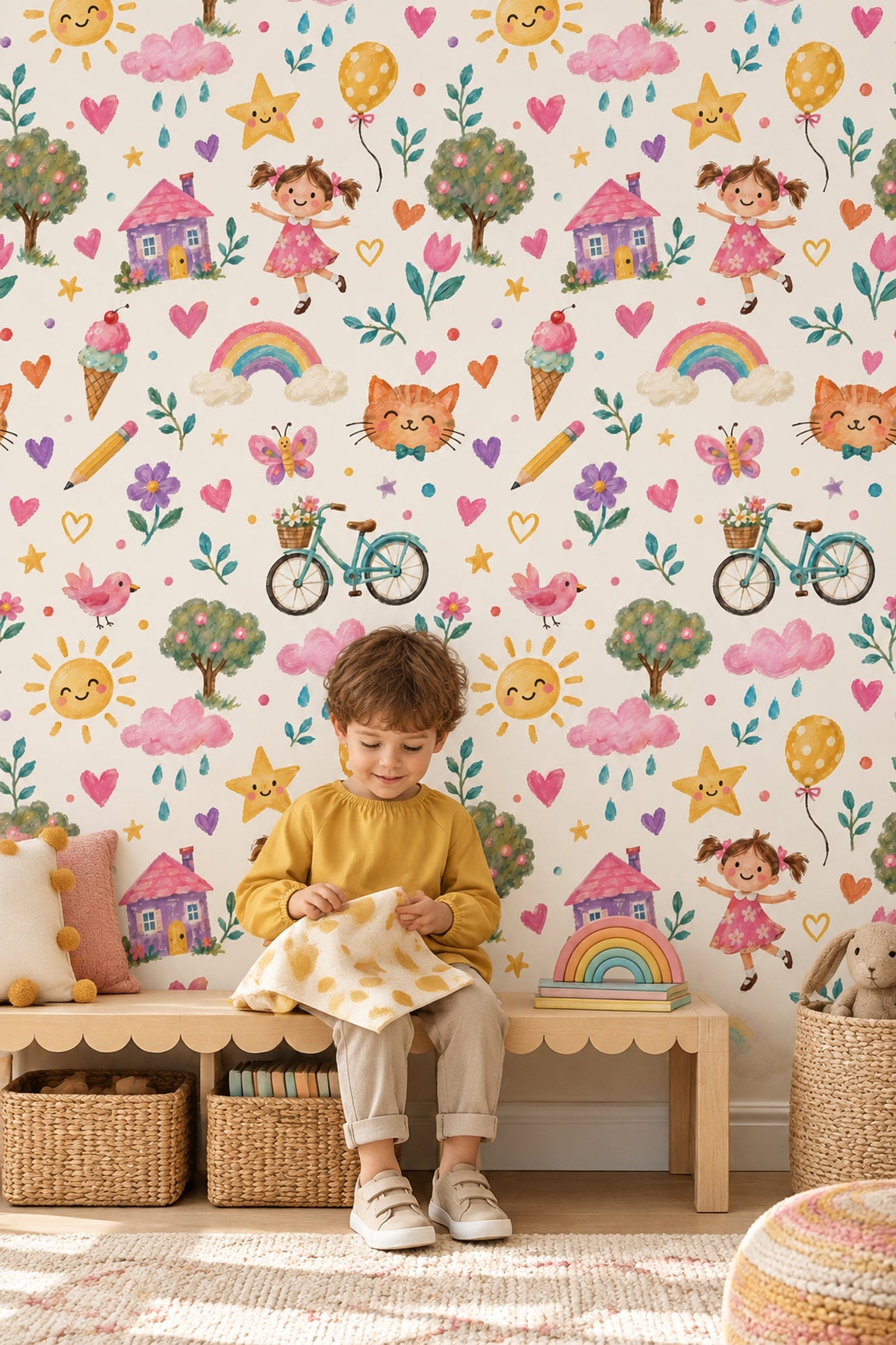 Smiling Sun And Rainbow Wallpaper Whimsical Hand Painted Nursery Pattern