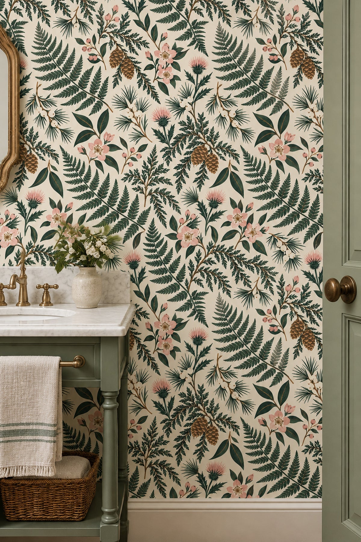 Fern And Pinecone Wallpaper Vintage Inspired Botanical On Cream