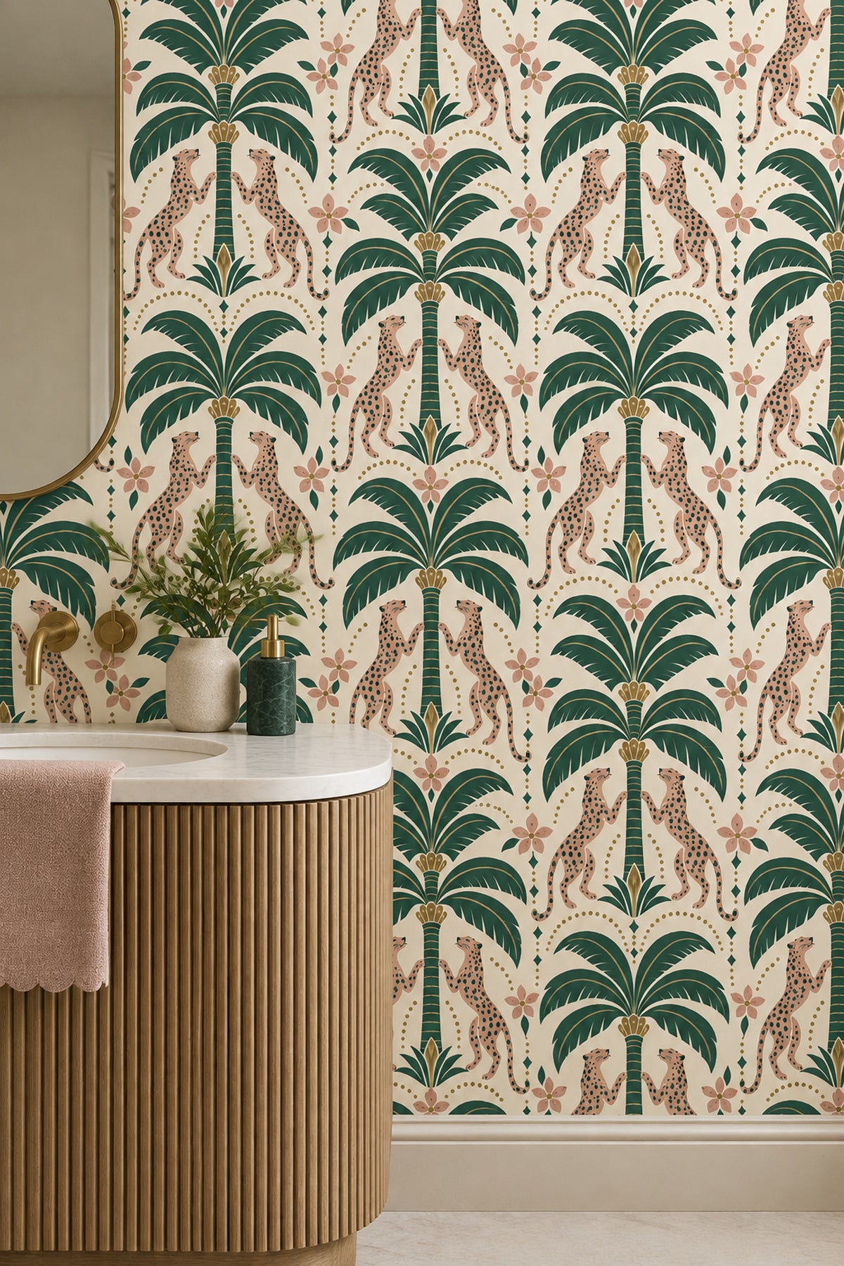 Pink Leopards And Palm Trees Wallpaper Art Deco Cream Background