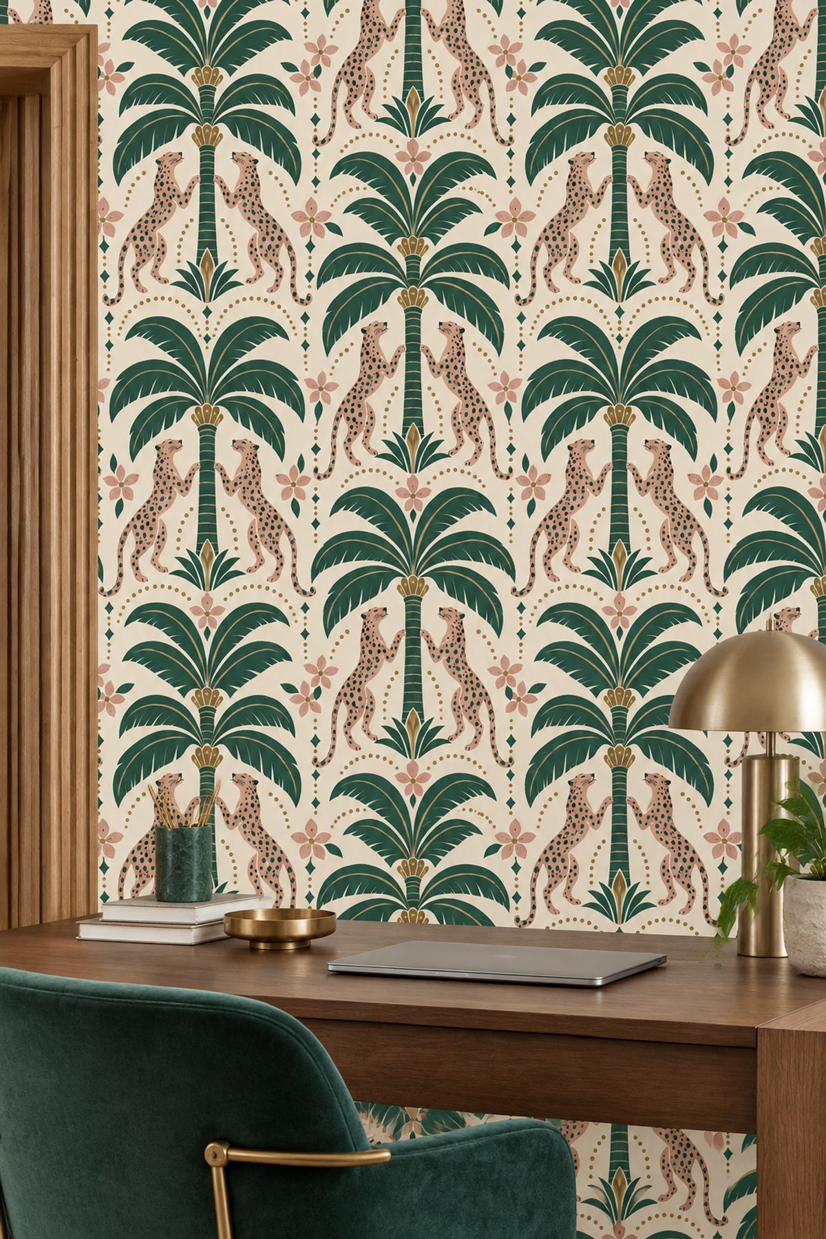 Pink Leopards And Palm Trees Wallpaper Art Deco Cream Background