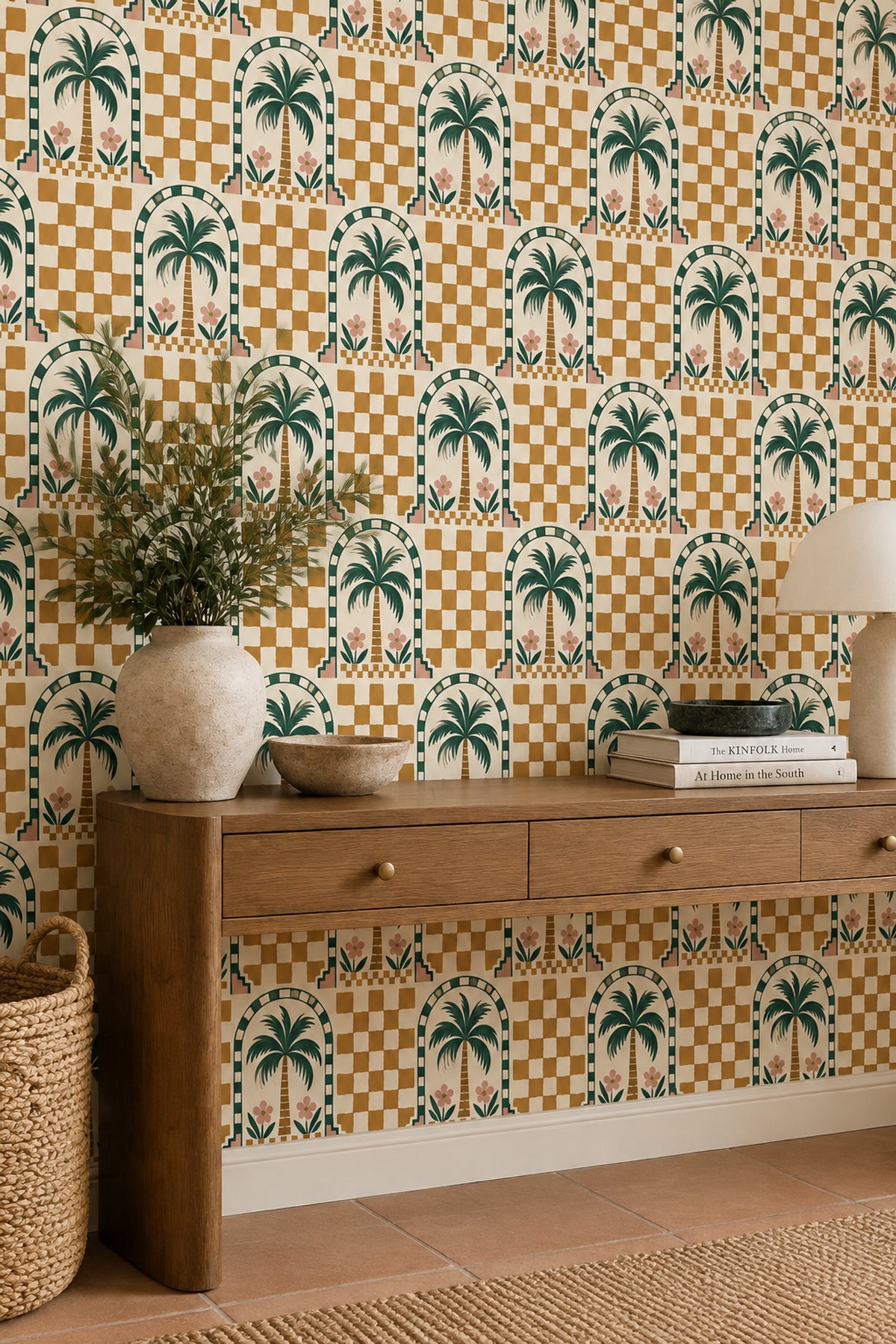 Tropical Palm Wallpaper Arched Tile Checkerboard In Cream Mustard And Green