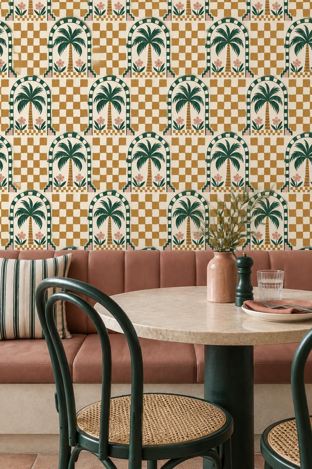 Tropical Palm Wallpaper Arched Tile Checkerboard In Cream Mustard And Green