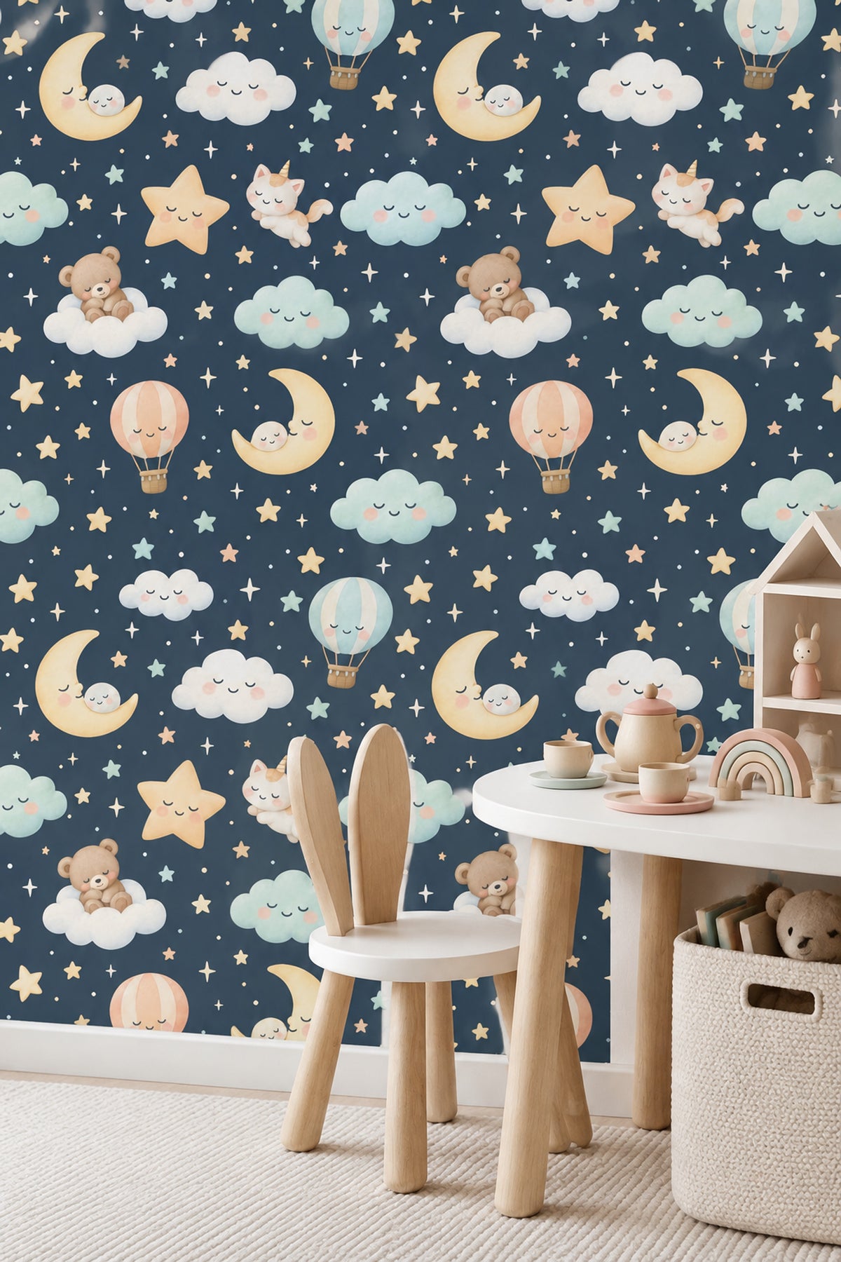 Sleeping Moons Wallpaper Dark Teal Watercolor Celestial Nursery Print