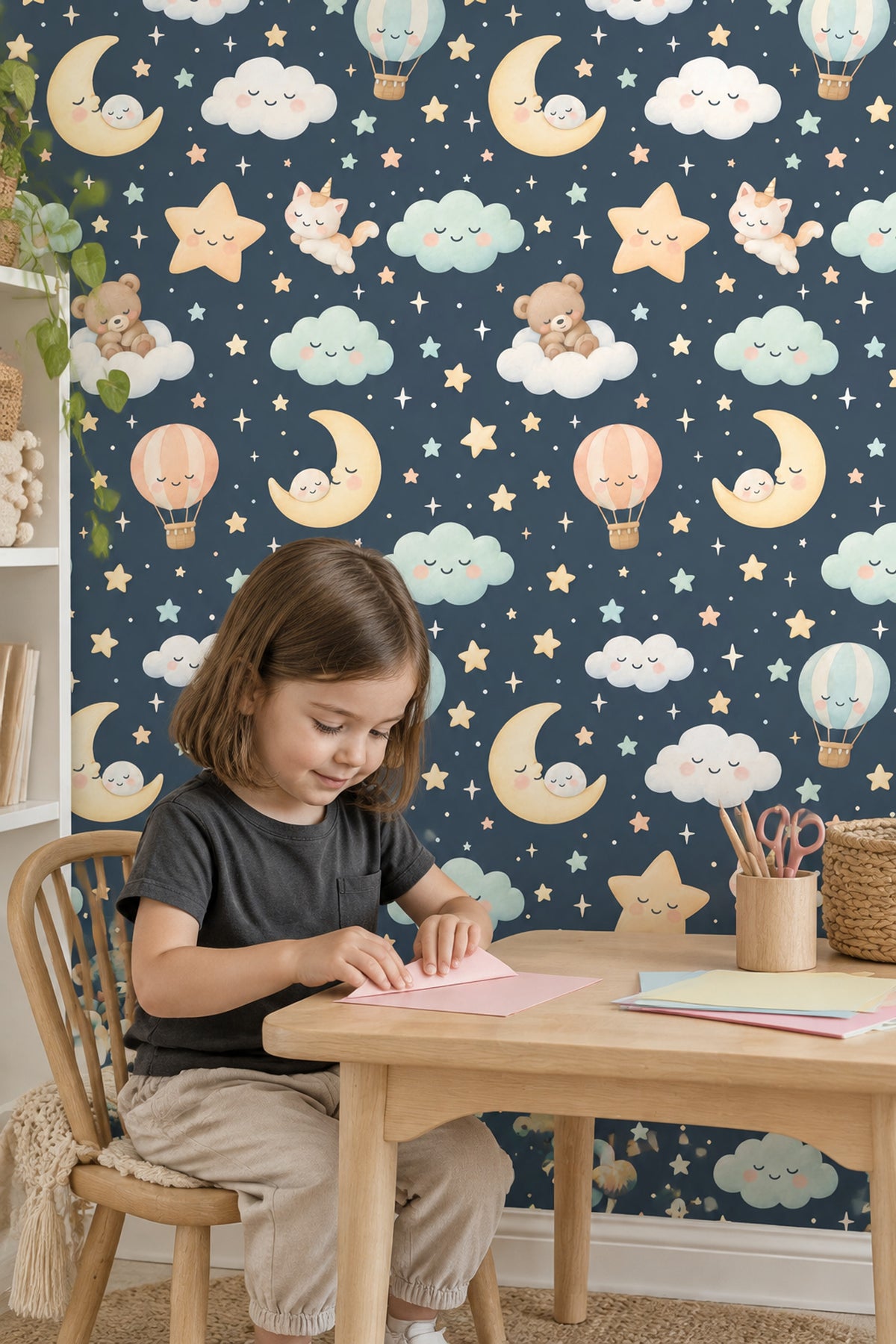 Sleeping Moons Wallpaper Dark Teal Watercolor Celestial Nursery Print