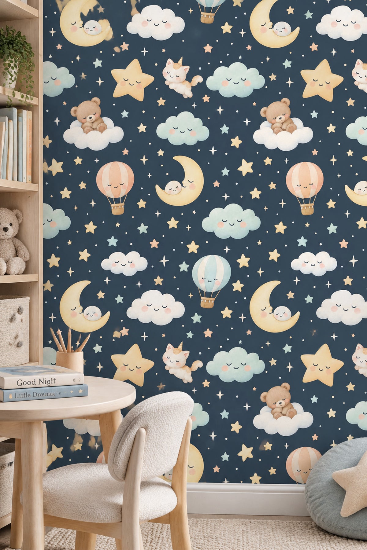 Sleeping Moons Wallpaper Dark Teal Watercolor Celestial Nursery Print