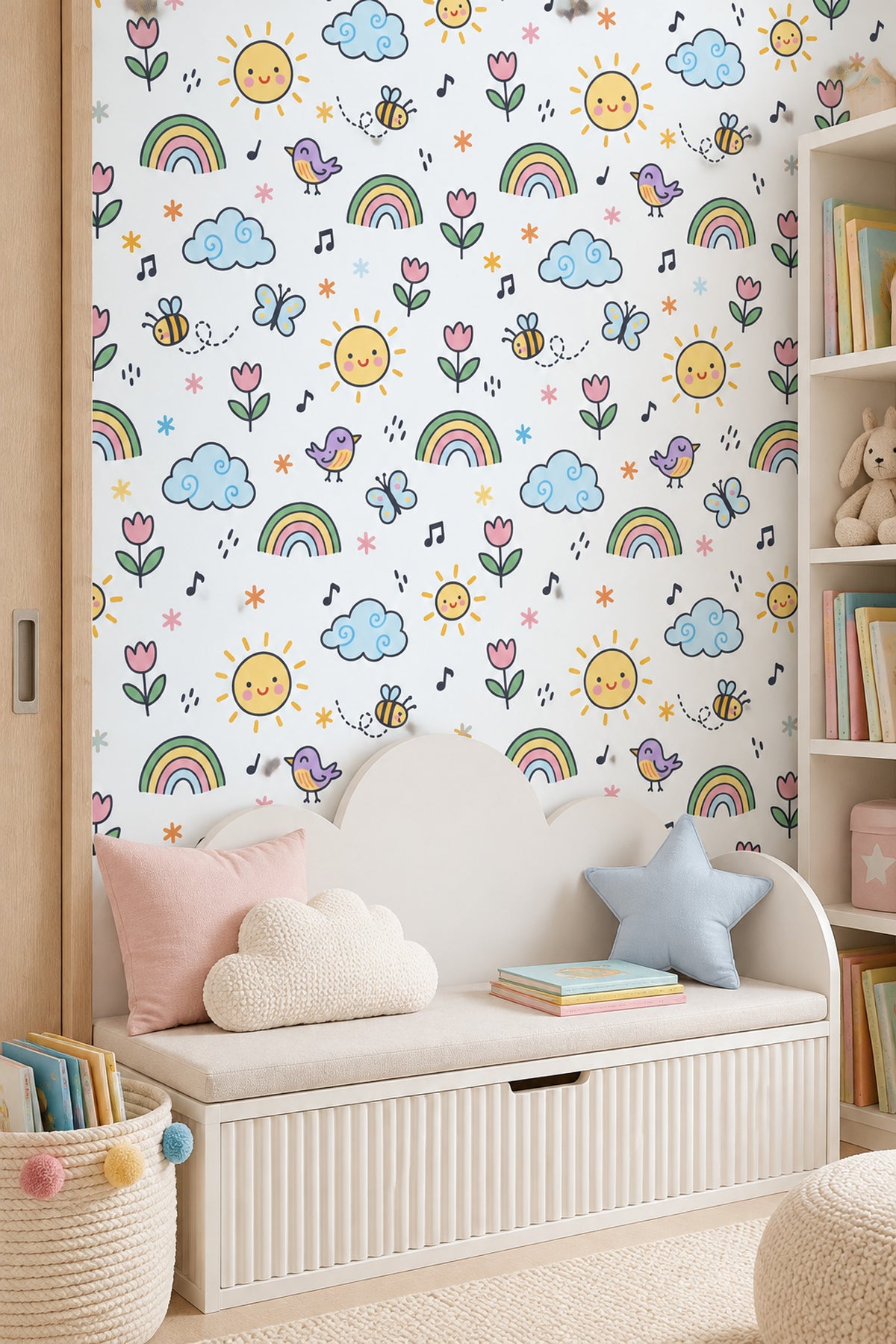 Smiling Sun And Rainbow Wallpaper Pastel Doodle Pattern