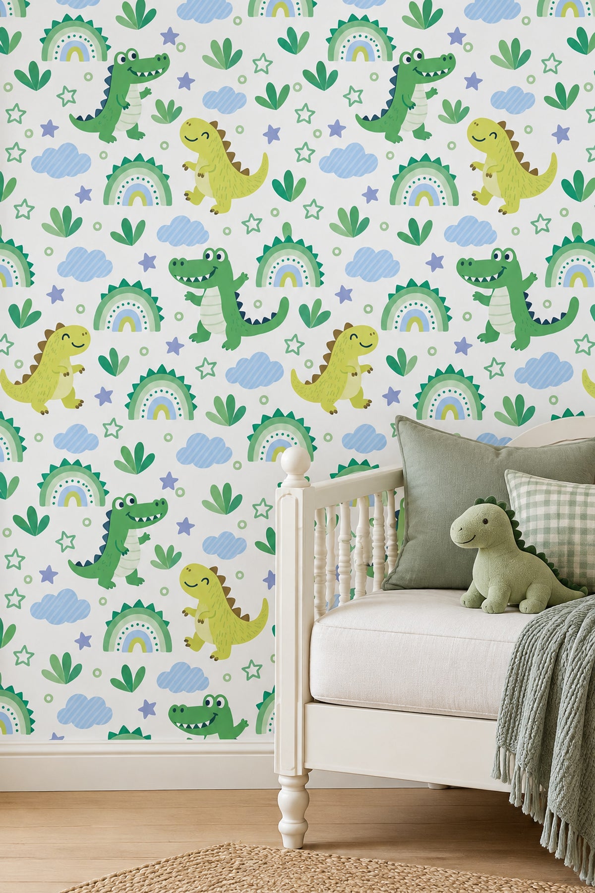 Cute Dinosaur And Crocodile Wallpaper Pastel Clouds On White Background