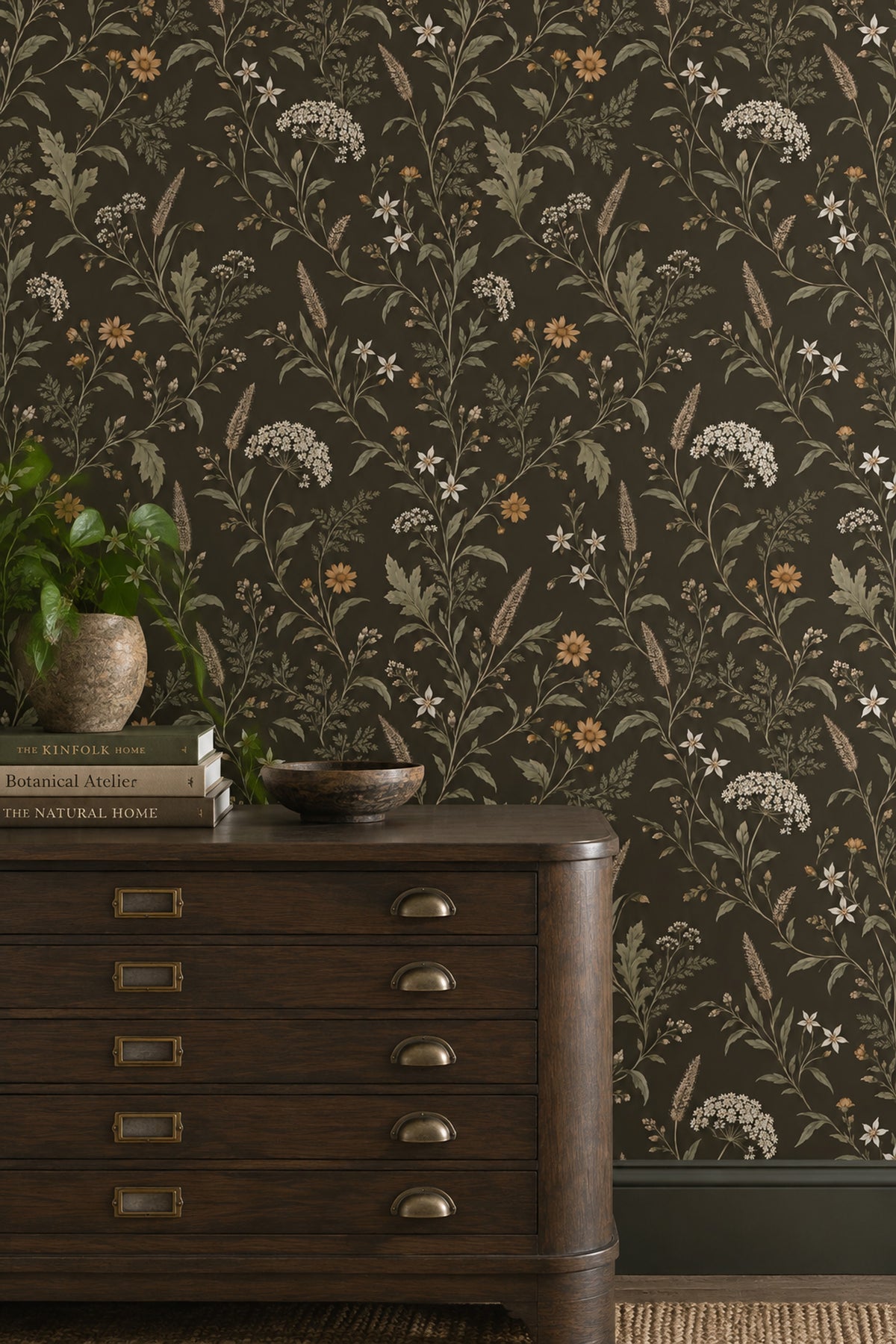 Wildflower Branches Wallpaper Dark Brown Vintage Inspired Botanical