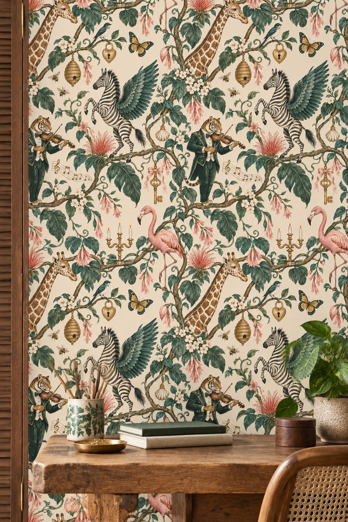 Whimsical Jungle Animals Wallpaper Cream Background Vintage Inspired Botanical