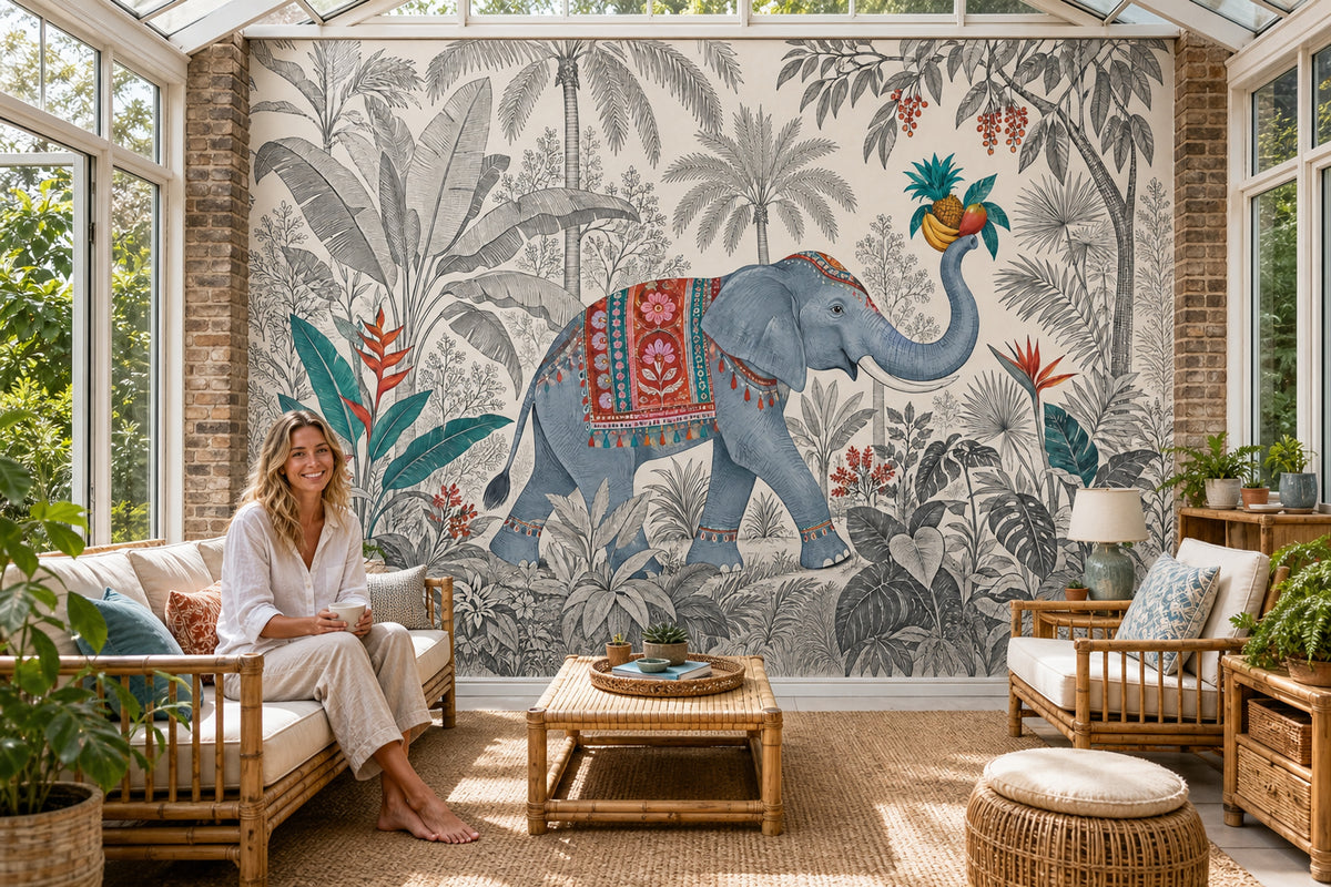 Blue Elephant Jungle Wallpaper Mural White Background Vintage Inspired Engraving Style
