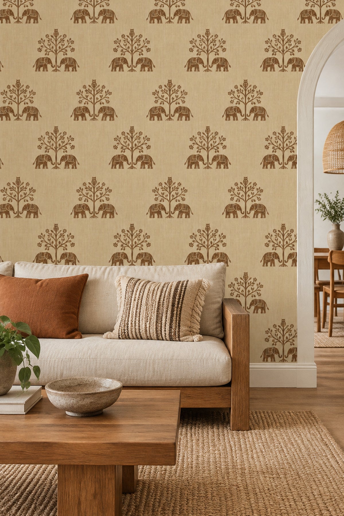 Elephant And Owl Tree Wallpaper Beige Brown Block Print
