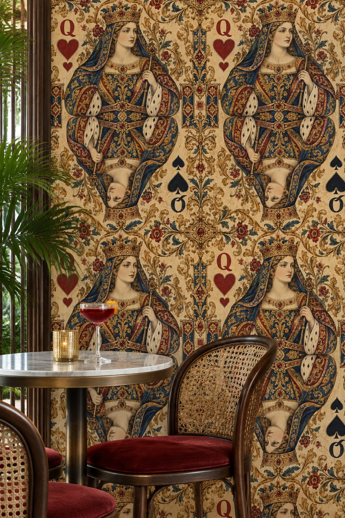 Queen Playing Card Wallpaper Baroque Gold Scrollwork