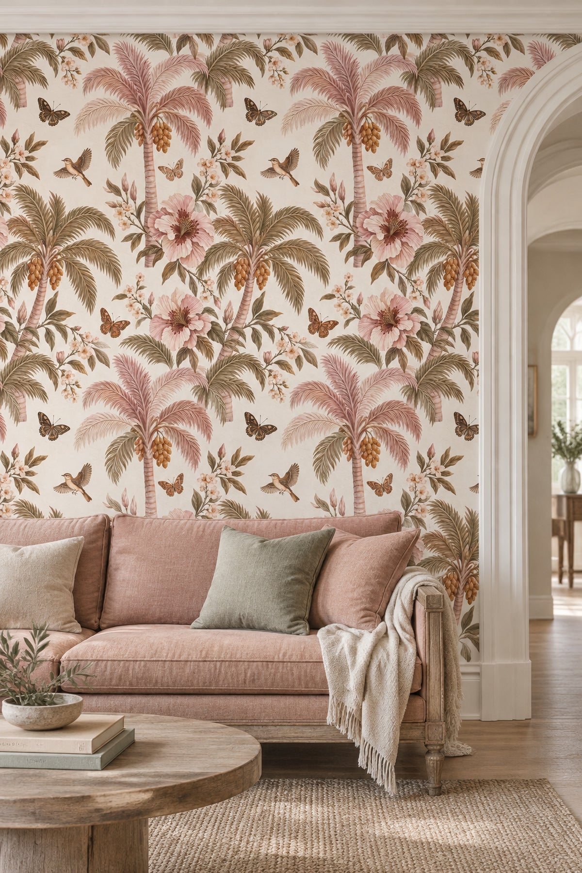 Blush Tropical Botanical Wallpaper Vintage Inspired Florals With Butterflies