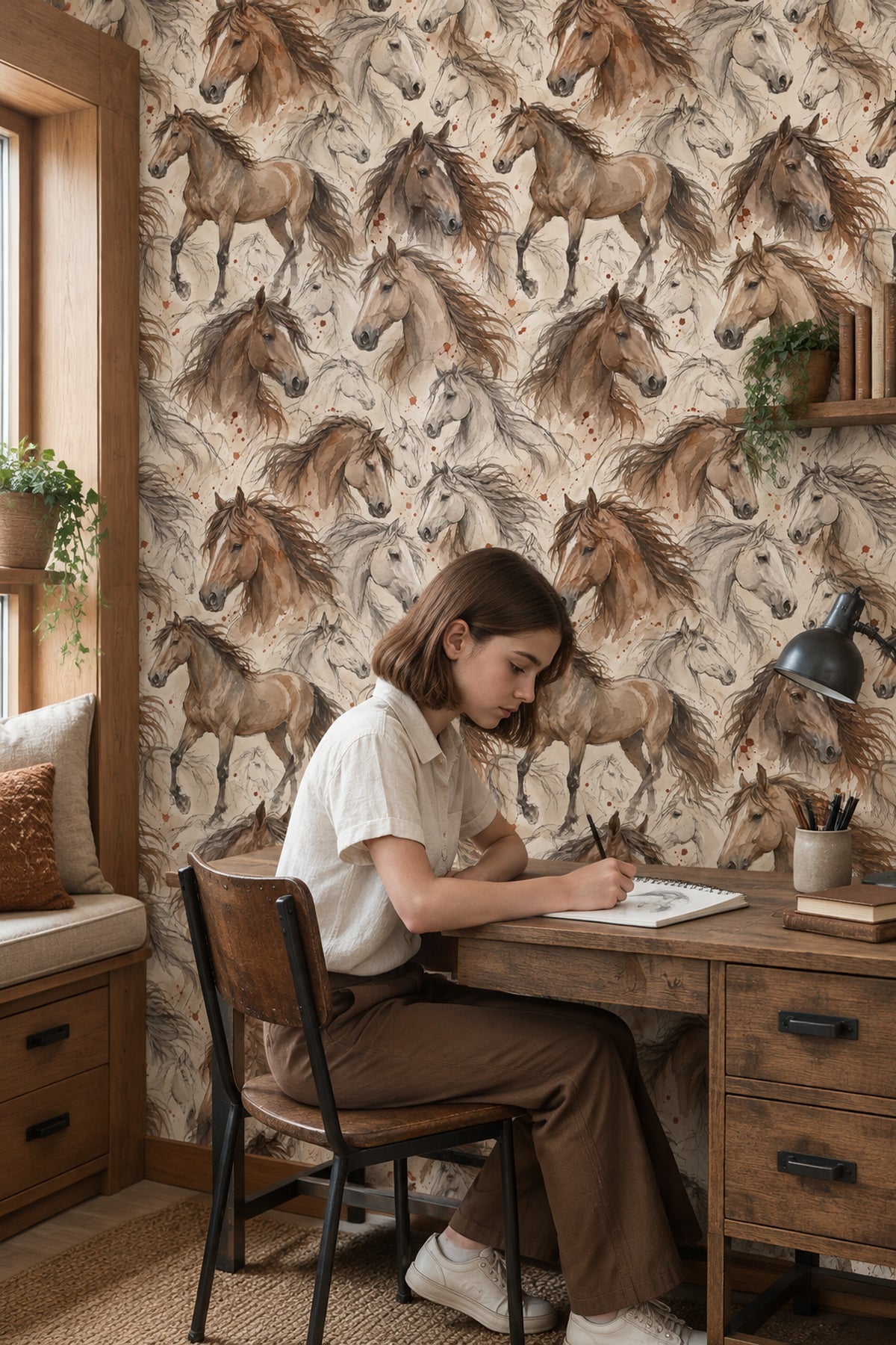 Watercolor Horses Wallpaper Beige Rustic Sketch Pattern