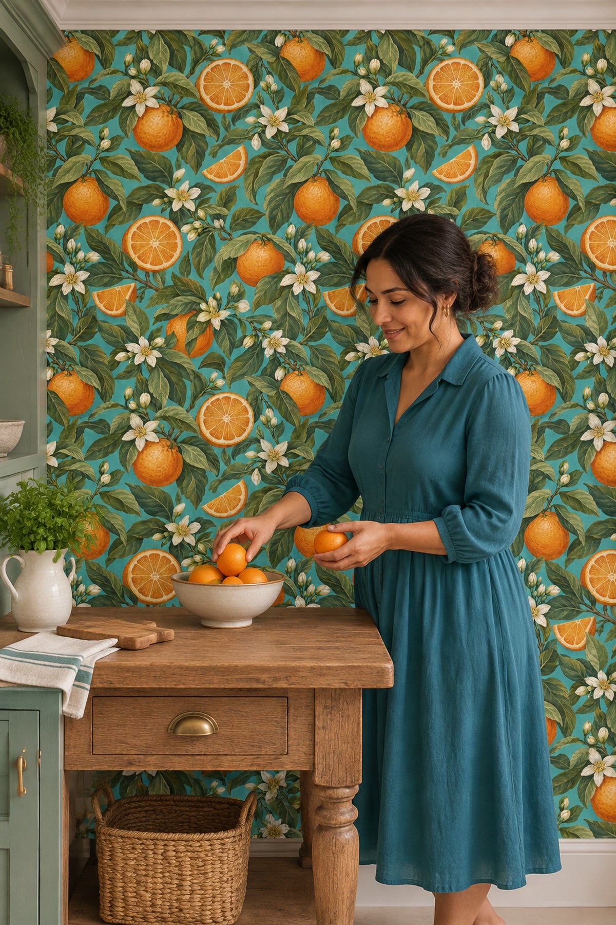 Orange Branches Wallpaper Vintage Inspired Tropical Turquoise Botanical