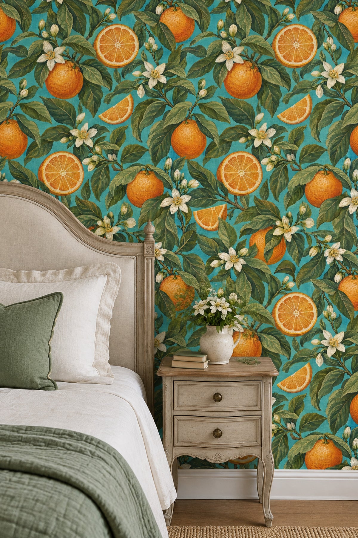 Orange Branches Wallpaper Vintage Inspired Tropical Turquoise Botanical