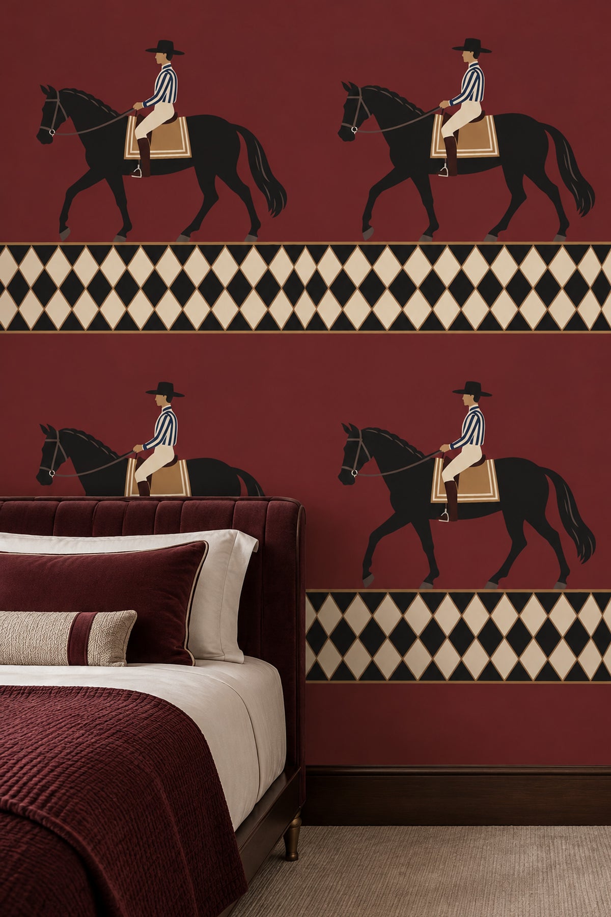 Horse Rider Wallpaper Burgundy Field With Geometric Border