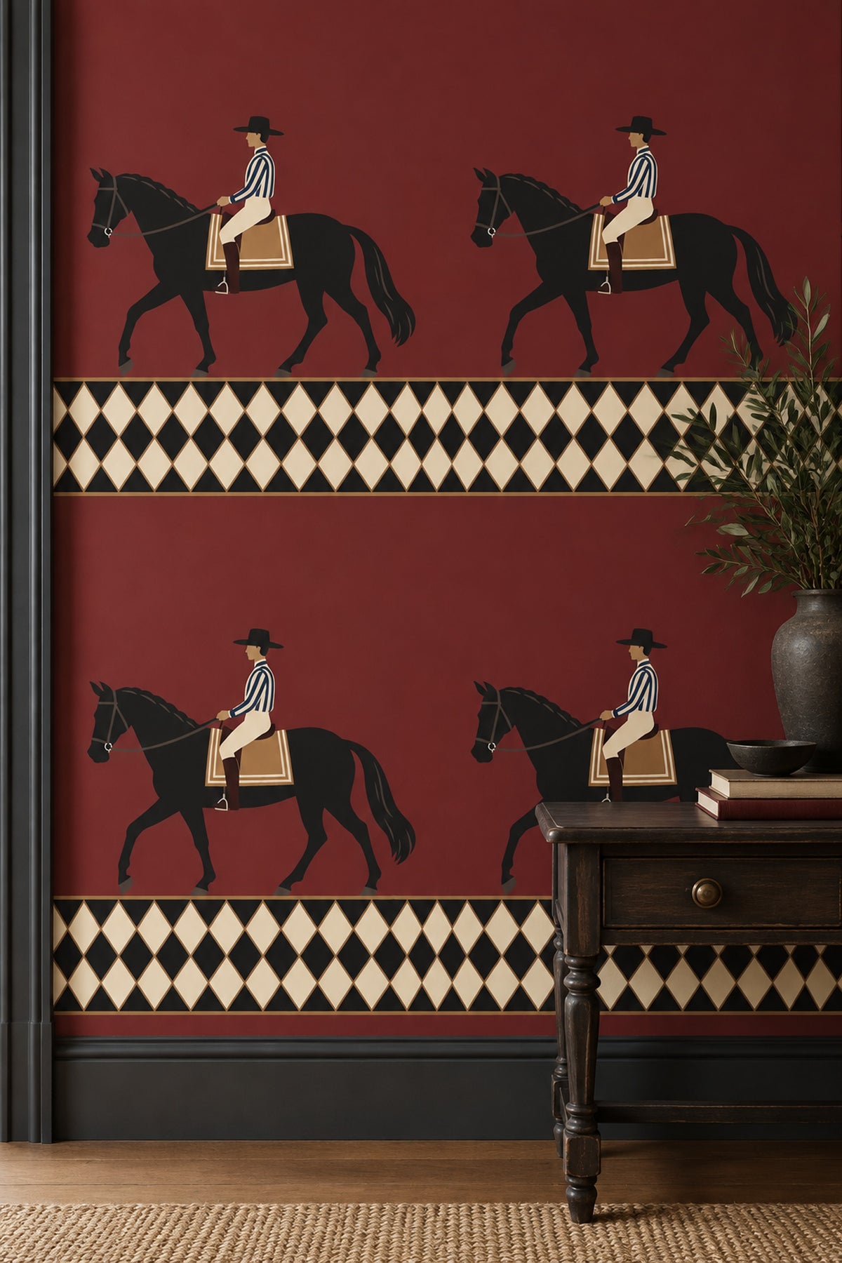 Horse Rider Wallpaper Burgundy Field With Geometric Border