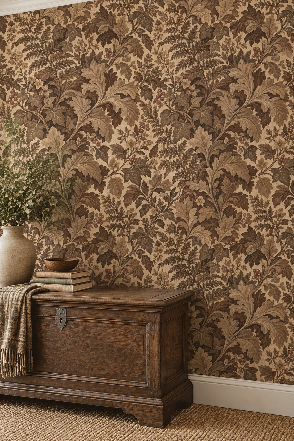 Acanthus Leaves Wallpaper Traditional Brown Botanical On Textured Cream