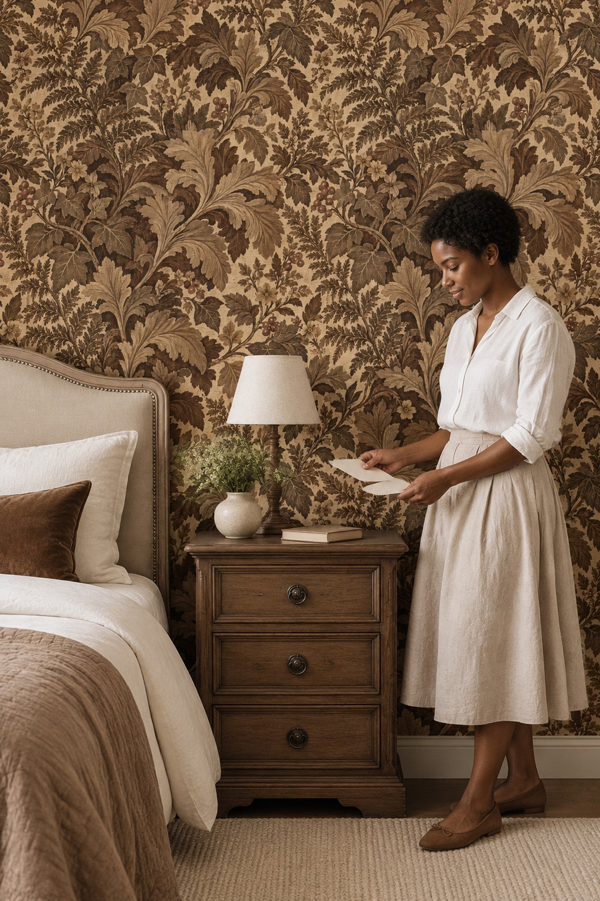 Acanthus Leaves Wallpaper Traditional Brown Botanical On Textured Cream