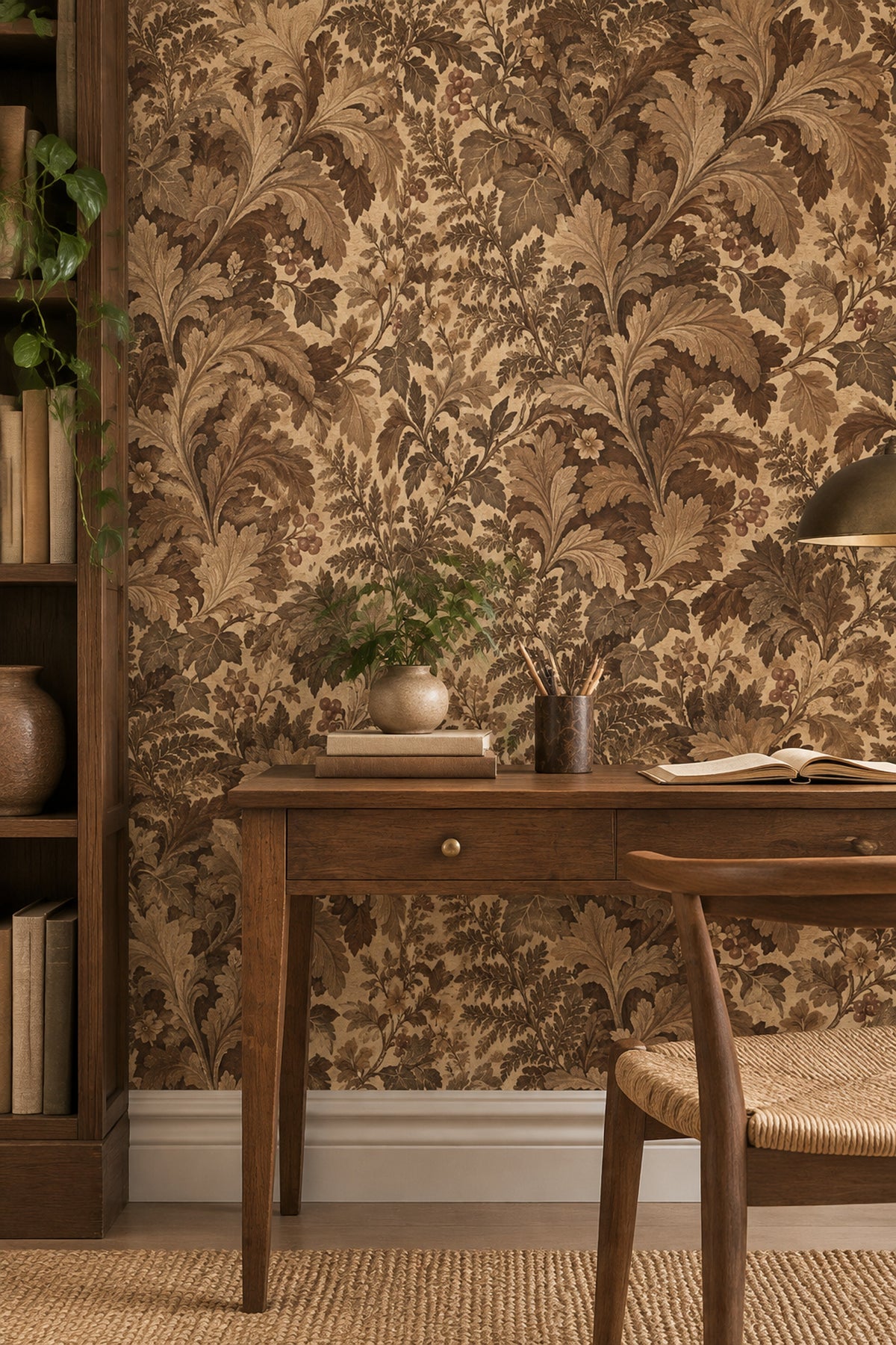 Acanthus Leaves Wallpaper Traditional Brown Botanical On Textured Cream