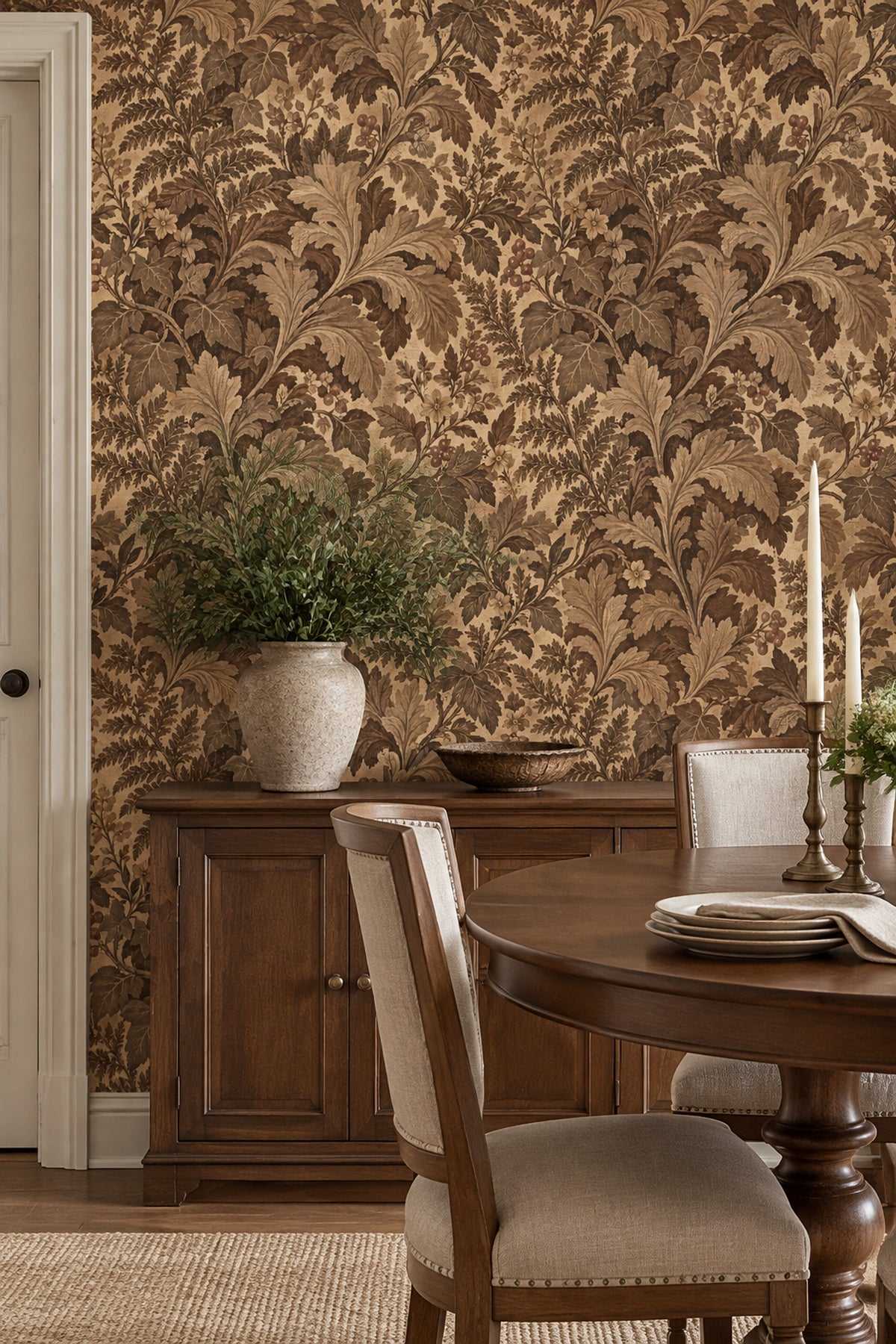 Acanthus Leaves Wallpaper Traditional Brown Botanical On Textured Cream
