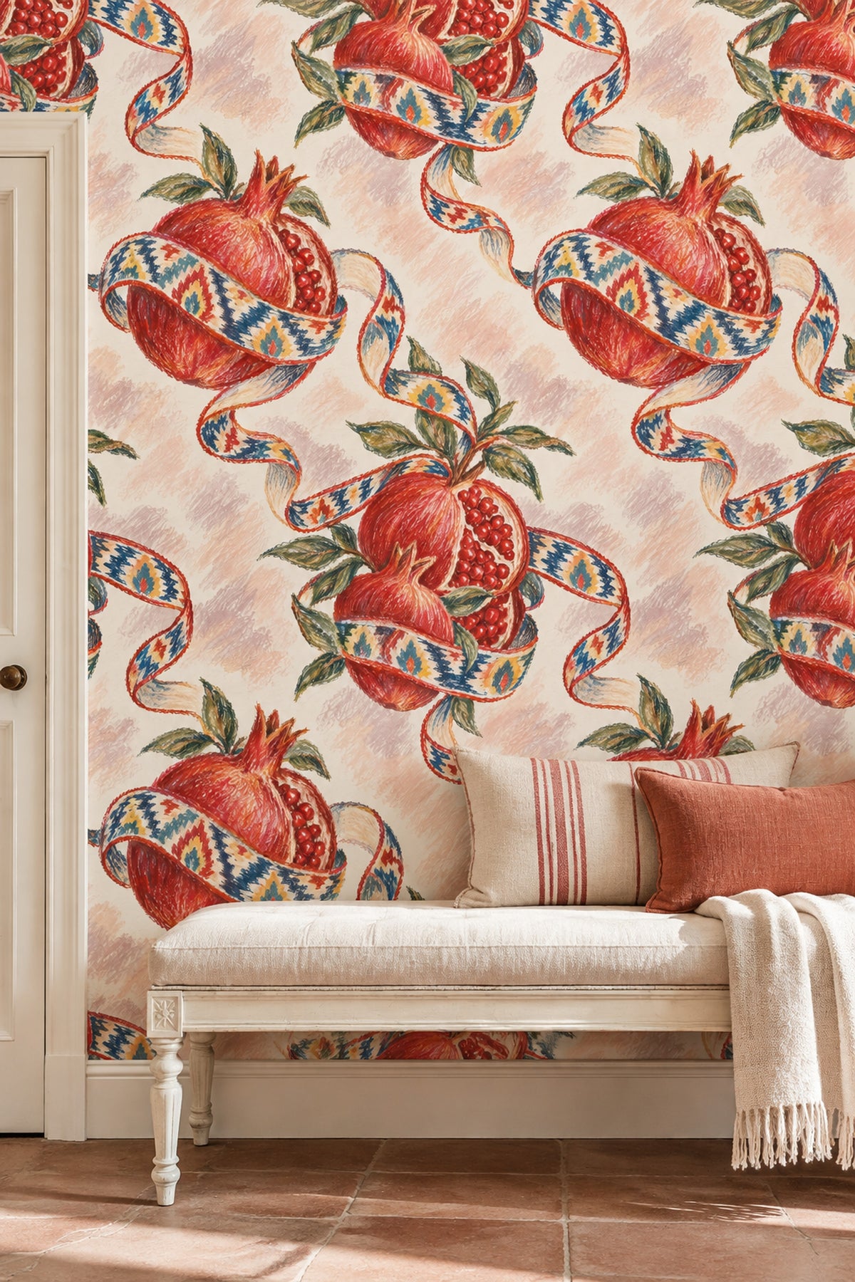 Pomegranate Wallpaper Ikat Ribbon Botanical On Cream Pink
