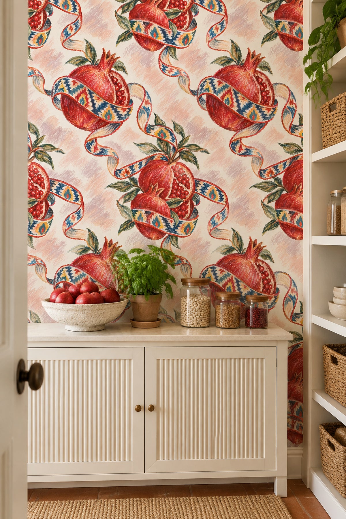 Pomegranate Wallpaper Ikat Ribbon Botanical On Cream Pink