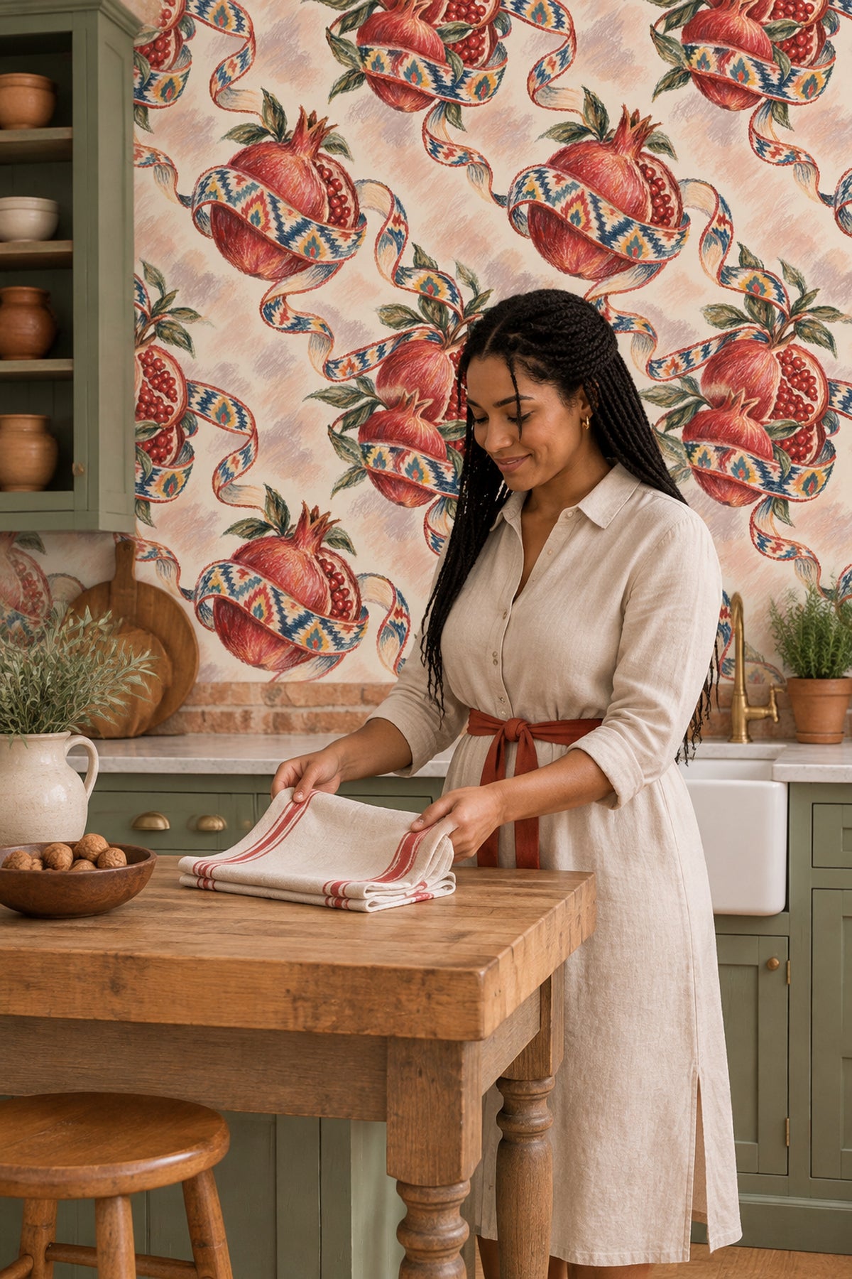Pomegranate Wallpaper Ikat Ribbon Botanical On Cream Pink