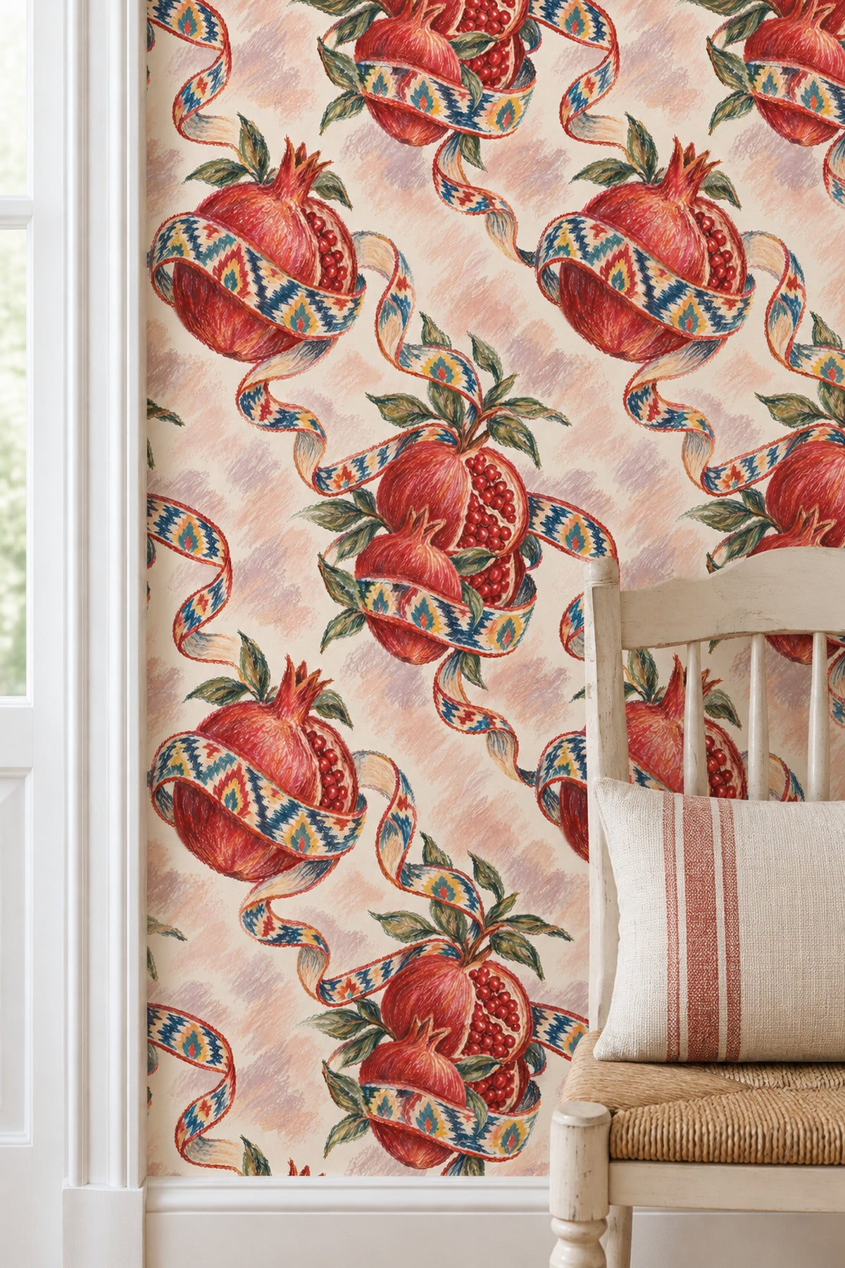 Pomegranate Wallpaper Ikat Ribbon Botanical On Cream Pink