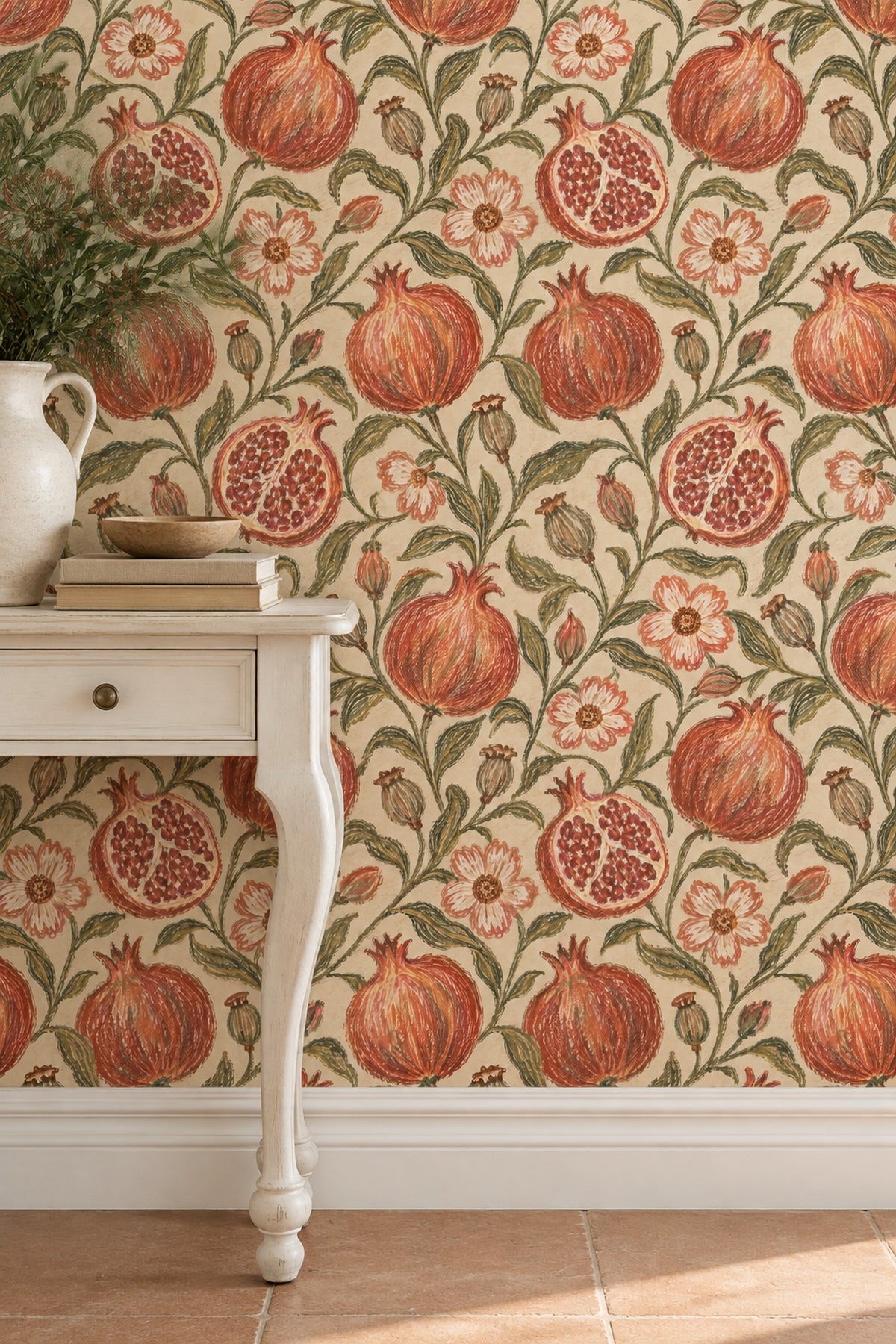Pomegranate Botanical Wallpaper Vintage Inspired Vines On Cream Beige