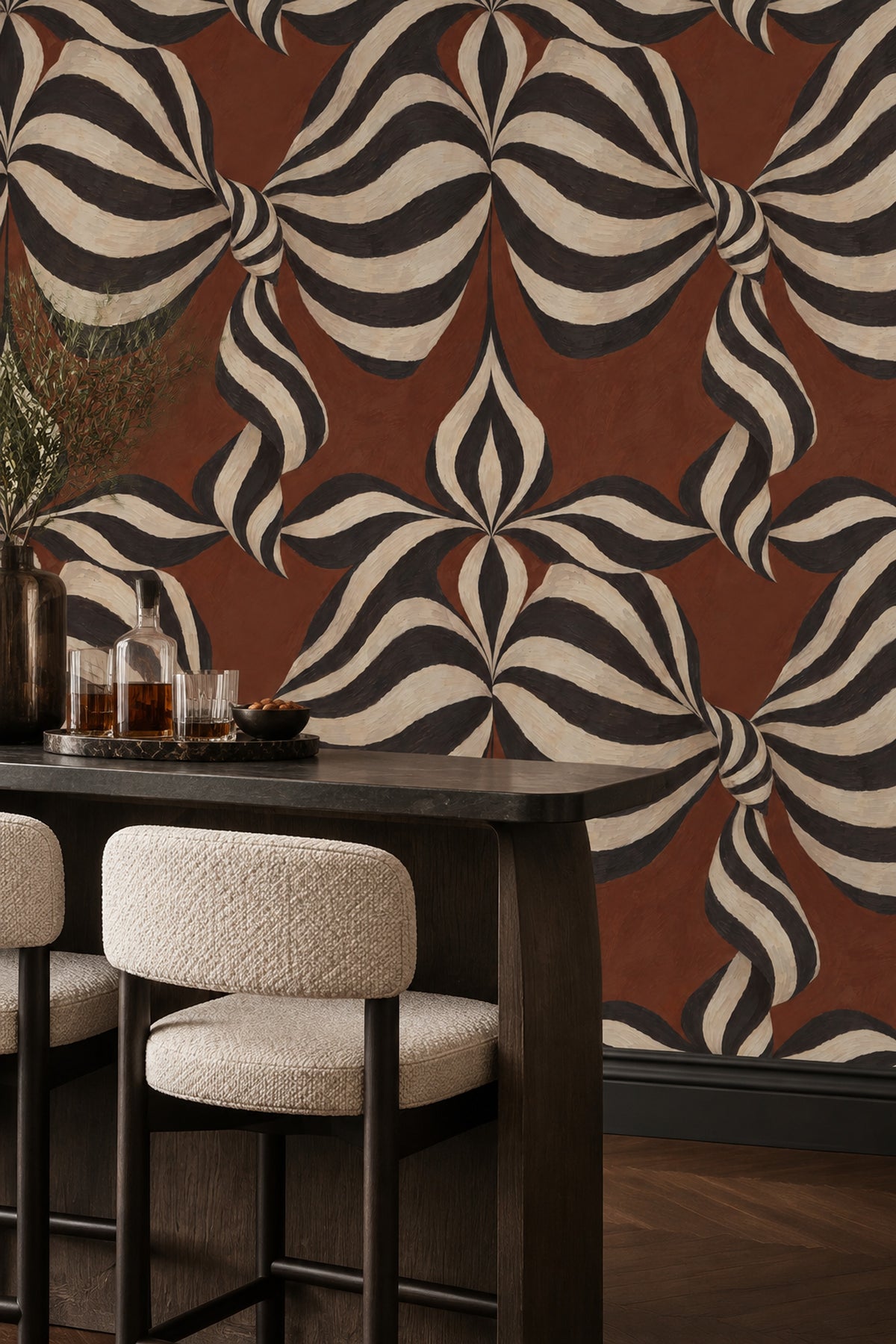 Wavy Ribbon Stripes Wallpaper Cream And Black On Brown